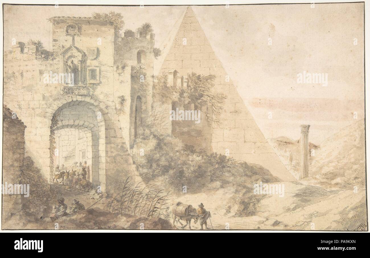 Pyramide des Cestius und der Porta San Paolo, Rom. Künstler: Pieter Moninckx (Niederländisch, Den Haag, 1606-1686 (?)). Maße: Blatt: 6 15/16 x 11 1/4 in. (17,7 x 28,6 cm). Datum: 17. Museum: Metropolitan Museum of Art, New York, USA. Stockfoto