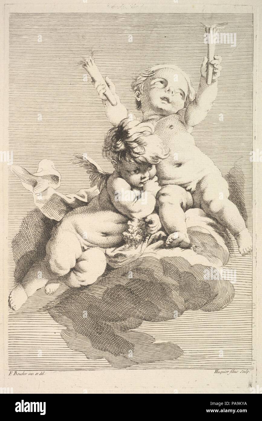 Zwei Amoretten, eine Holding Fackeln. Artist: Nachdem François Boucher (Französisch, Paris 1703-1770 Paris); Jacques Gabriel Huquier (Französisch, Paris 1730-1805 Shrewsbury). Maße: Blatt: 17 13/16 x 11 15/16 in. (45,3 x 30,3 cm) Platte: 11. X 7 1/4 in. (28 × 18,4 cm). Serie/Portfolio: Fünftes Buch der Gruppen von Kindern (Stufe cinquième Livre de grouppes d'enfans). Datum: Mitte bis Ende des 18. Jahrhunderts. Museum: Metropolitan Museum of Art, New York, USA. Stockfoto