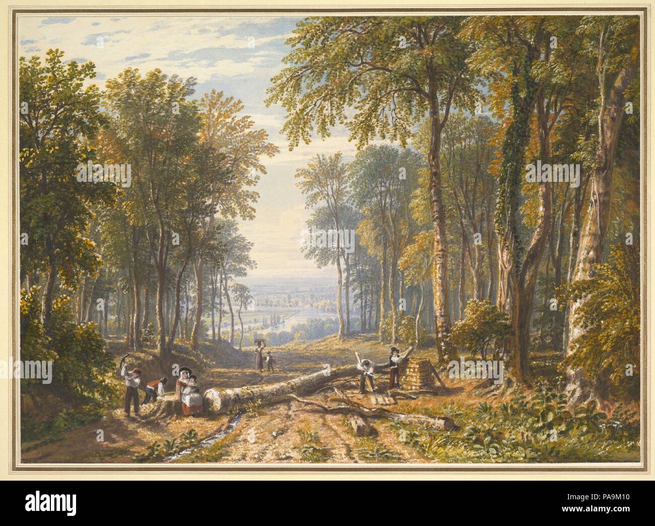 Holzfäller im Park Place, Henley, die Themse Darüber hinaus. Künstler: William Havell (British, 1782-1857 London). Maße: Blatt: 9 5/8 x 13 3/8 in. (24,4 x 33,9 cm). Datum: Ca. 1826. Ein blau-gefärbten Rendering der fernen Thames Anker Havell's Aquarell von einer Szene, in der Nähe von Henley - eine Ansicht erstellt, wenn eine Immobilien Eigentümer eine neue Straße durch den Wald. Männer arbeiten auf einem gefällten Baum und eine Frau in der Sonne mit ihrem Baby beleben im Vordergrund. 1827 Havell diese Arbeit bei der jährlichen Londoner Ausstellung der Altstadt von Watercolor Gesellschaft ausgestellt, Signalisierung seinen Reengagement mit der Englischen lan Stockfoto