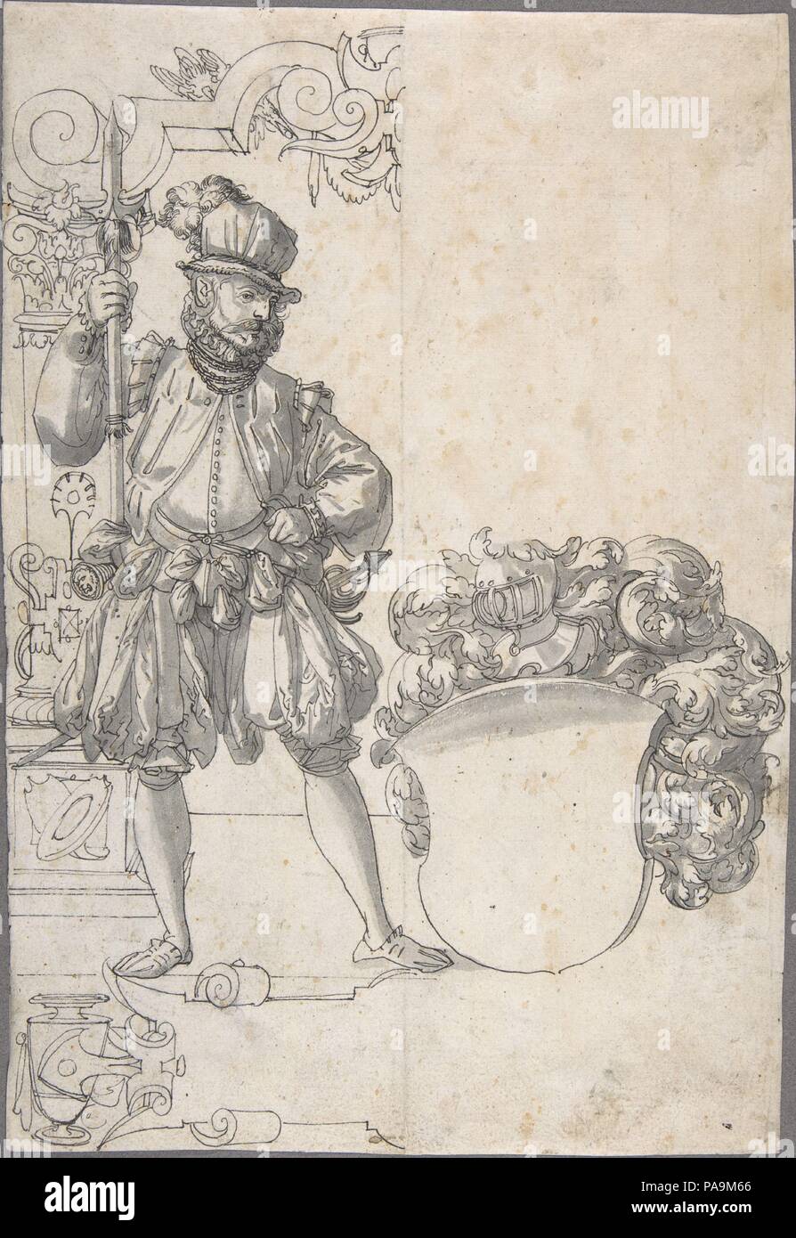 Design für Glasmalerei: ein halbardier durch eine unvollendete Wappen. Artist: Hans Jakob Plepp (Schweiz, Biel Ca. 1557/60 - Ca. 1597/98 Bern). Abmessungen: 12 1/8 x 8 5/16 in. (30,8 x 21,1 cm). Datum: Ca. 1570-80. Museum: Metropolitan Museum of Art, New York, USA. Stockfoto