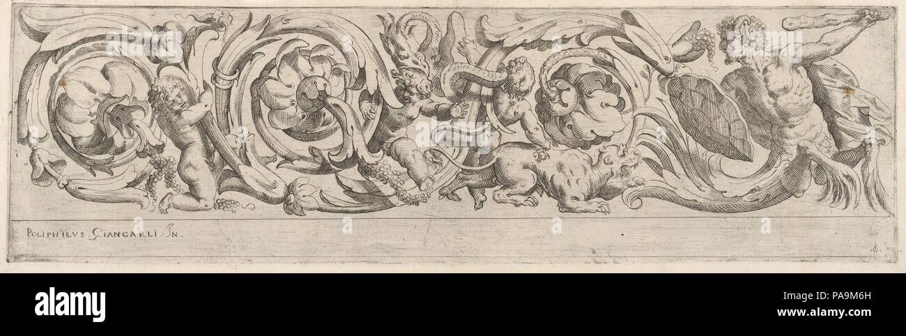 Disegni di Varij Polifilo Zancarli (Friese). Artist: Polifilo Giancarli (aktiv in Venedig Ca. 1600-1625); Odoardo Fialetti (Italienisch, Bologna 1573-1637/38 Venedig). Abmessungen: Platte: 4 15/16 x 17 3/8 in. (12,6 x 44,1 cm). Erschienen in: Venedig. Datum: Ca. 1625. Design für ein Fries mit einem Mäander akanthus Blättern und verschiedene Figuren gefüllt. Auf der rechten Seite der Fries eine hybride Satyr, deren untere Körper morphs in Akanthus-blätter abgebildet ist, einen Club und ein tortus Shell als Schild. Er schaut über die Schulter auf der linken Seite, wo ein Panther Kreatur, drei verspielte Putti und eine Schlange hav Stockfoto