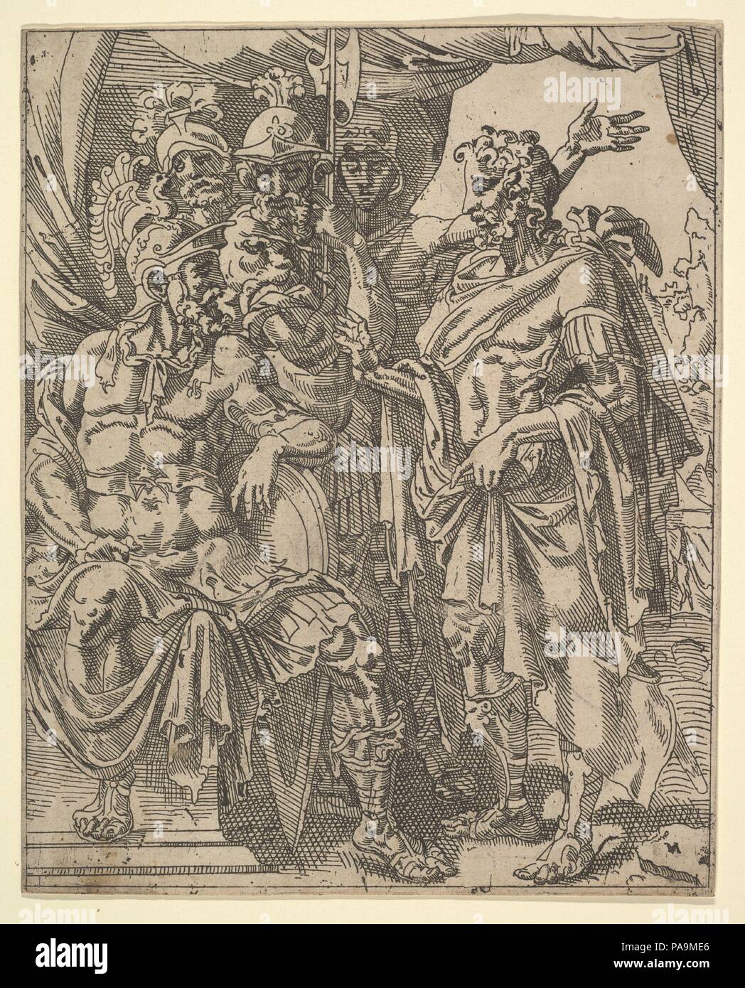 Achior plädierte mit Holofernes für die Söhne Israel, aus der Geschichte von Judith und Holofernes. Artist: Maarten van Heemskerck (Niederländischen, Heemskerck 1498-1574 Haarlem); möglicherweise geätzt von Dirk Volckertsz Coornhert (Niederländischen, Amsterdam 1519/22-1590 Gouda). Maße: Blatt: 9 7/16 x 7 9/16-in. (24 x 19,2 cm). Museum: Metropolitan Museum of Art, New York, USA. Stockfoto