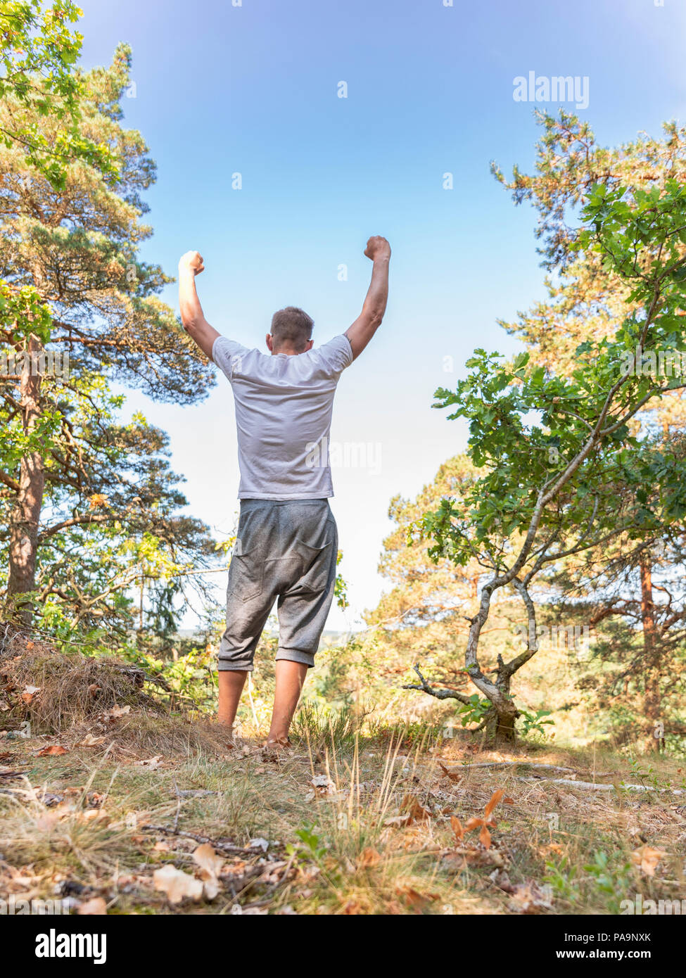 Nach kaukasischer Mann vor der Lichtung im Wald mit erhobenen Armen und geballten Fäusten über seinem Kopf in einer positiven gewinnender Geste Stockfoto