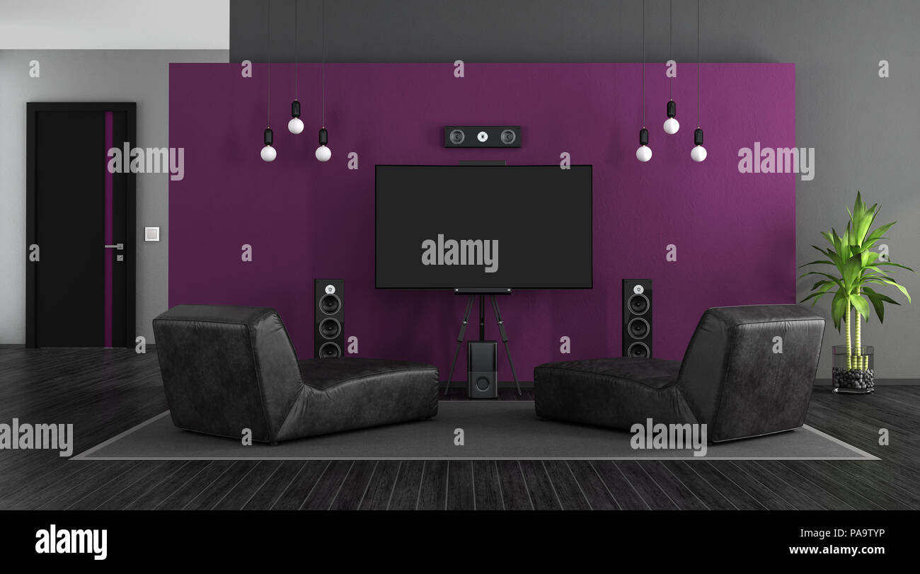 Schwarz und Violett mit Chaiselounges und Home Cinema System - 3D-Rendering Stockfoto