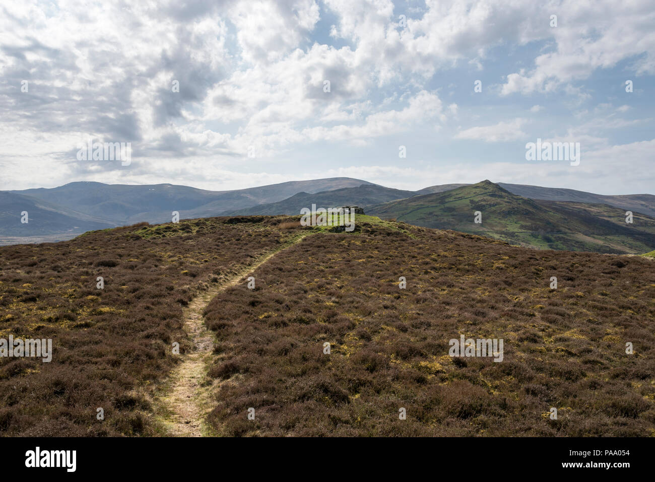 Blick auf Penygadair von Pen-y-Gaer Hill Fort oben Pierrevert-y-Cennin, Conwy, North Wales. Stockfoto