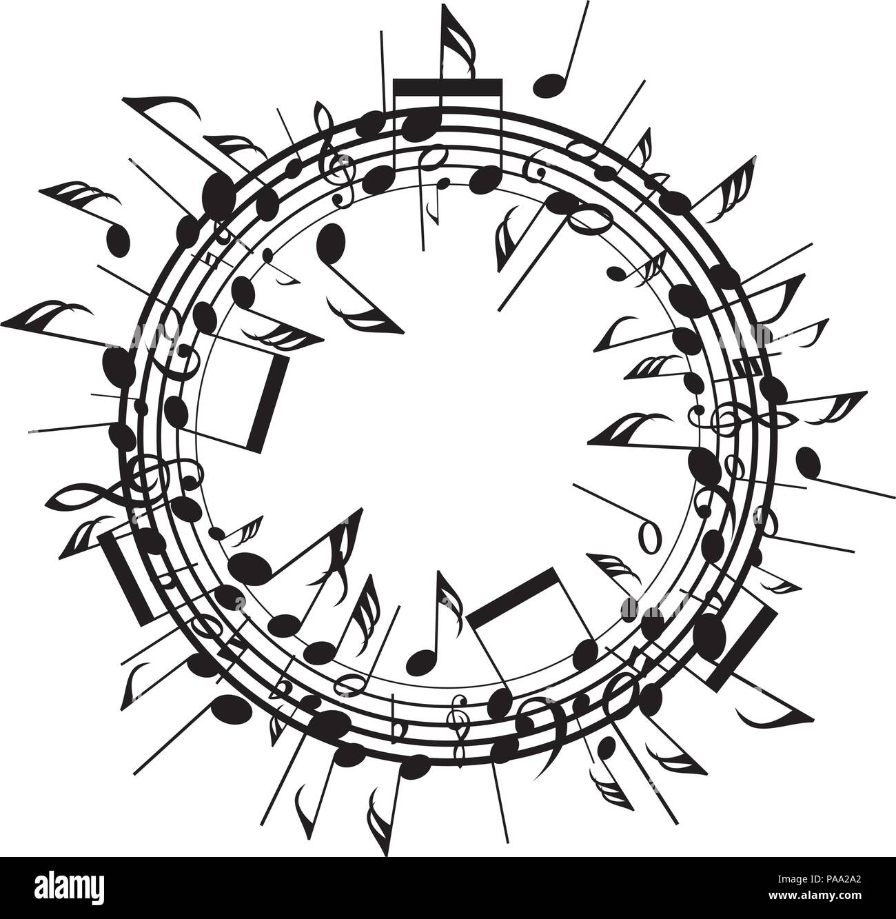 Vector schwarz und weiße runde Hintergrund mit Stangen und Musik Noten. Abstrakte Darstellung der klassischen Musik beachten Sie die Symbole Stock Vektor