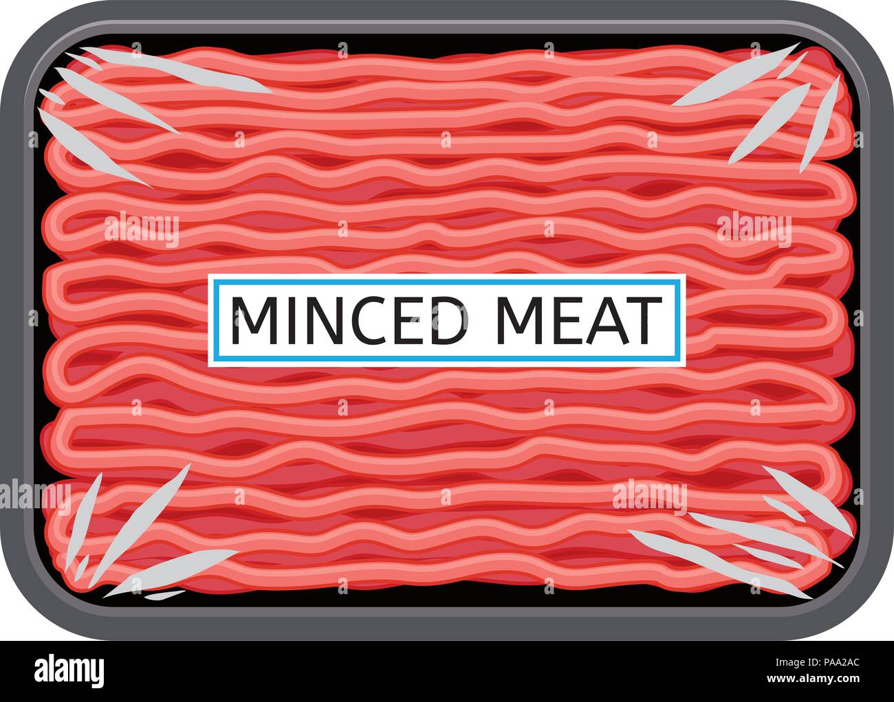 Vektor Hackfleisch in Kunststoff Fach isoliert auf weißem Hintergrund, Masse rohes Rind- oder Schweinefleisch in schwarz Paket. Flachbild grafischen Stil Stock Vektor