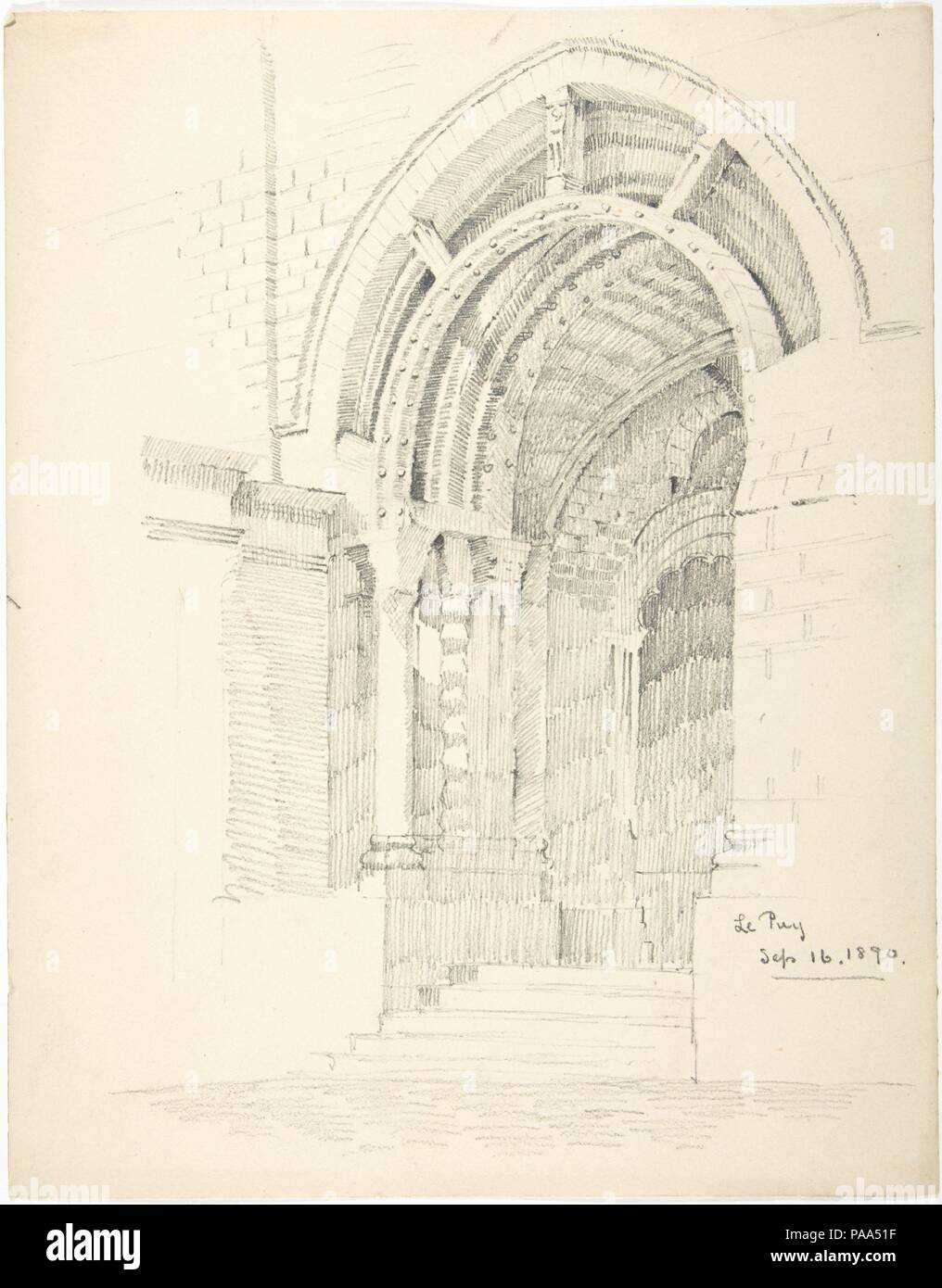 Tür, Le Puy Cathedral. Künstler: Ernest Flagg (Amerikanische, Brooklyn, New York 1857-1947). Maße: Blatt: 11 7/16 x 9 in. (29,1 x 22,8 cm). Datum: 1890. Museum: Metropolitan Museum of Art, New York, USA. Stockfoto