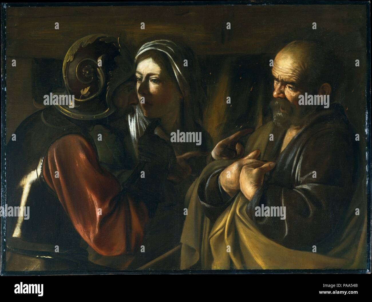 Die Verleugnung des Petrus. Artist: Caravaggio (Michelangelo Merisi) (Italienisch, Mailand oder Caravaggio 1571-1610 Porto Ercole). Abmessungen: 37 x 49 3/8 in. (94 x 125,4 cm). Datum: 1610. Caravaggios späten Werken abhängen für ihre dramatische Auswirkungen auf die hell beleuchtete Bereiche im Gegensatz zu einem dunklen Hintergrund stehen. Das Bild, ein Wunderwerk der Erzählung die Prägnanz, wurde in den letzten Monaten von Caravaggios stürmischen Lebens gemalt und kennzeichnet eine extreme Phase in seiner revolutionären Stil. Vor einem Kamin, Peter wird vorgeworfen, ein Nachfolger von Jesus. Die zeigende Hand des Soldaten und zwei Finger von Th Stockfoto