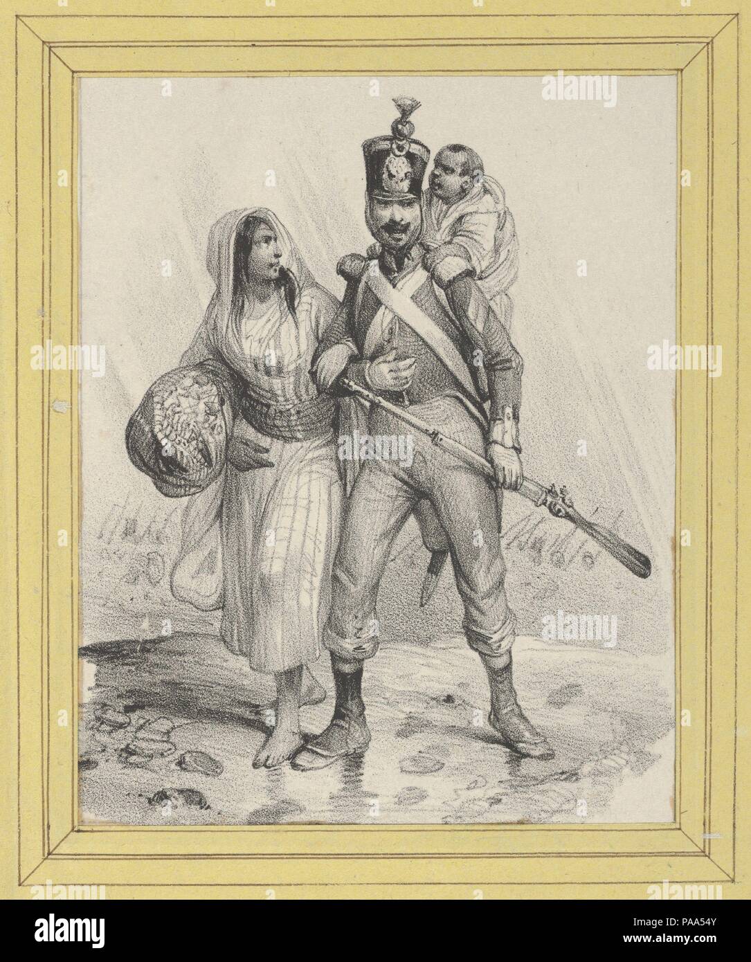 Soldat mit einer Frau auf dem Arm und einem Kind auf dem Rücken. Artist: Victor Adam (Französisch, 1801-1866). Maße: Blatt: 4 1/8 x 3 5/16 in. (10,5×8,4 cm): 12 3/8 x 4 5/16 in. (31,4 x 10,9 cm). Datum: Mitte des 19. Jahrhunderts. Museum: Metropolitan Museum of Art, New York, USA. Stockfoto