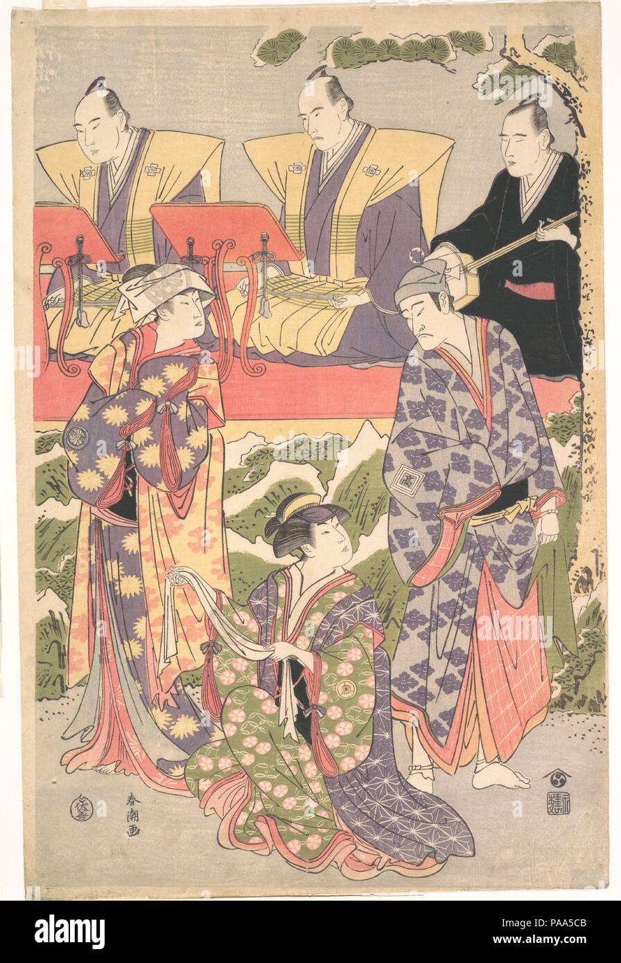 Ichikawa Komazo II in der Rolle des Ouchinosuke Ujiyasu aus dem Spielen eines Ga keine Sho mutsumi no Hanayome". Artist: katsukawa Shuncho (Japanisch, aktive Ca. 1783-95). Kultur: Japan. Abmessungen: 15 x 10 in. (38,1 x 25,4 cm). Datum: 1787. Drei Akteure Streik dramatischer Posen (MIE) auf der Bühne, während hinter Ihnen, auf einer erhöhten Plattform, Sänger der Geschichte erzählen mit samisen Musik, ein Kabuki musikalische Art bekannt als tokiwazu. Der Schauspieler auf der rechten Seite ist die Ichikawa Komazo II (1737-1802), die Zukunft Matsumoto Koshiro IV., der ein Schüler von Danjuro IV im Jahre 1757 und nahm den Namen Koshiro im Jahre 1772. Dem Kimono ist Stockfoto