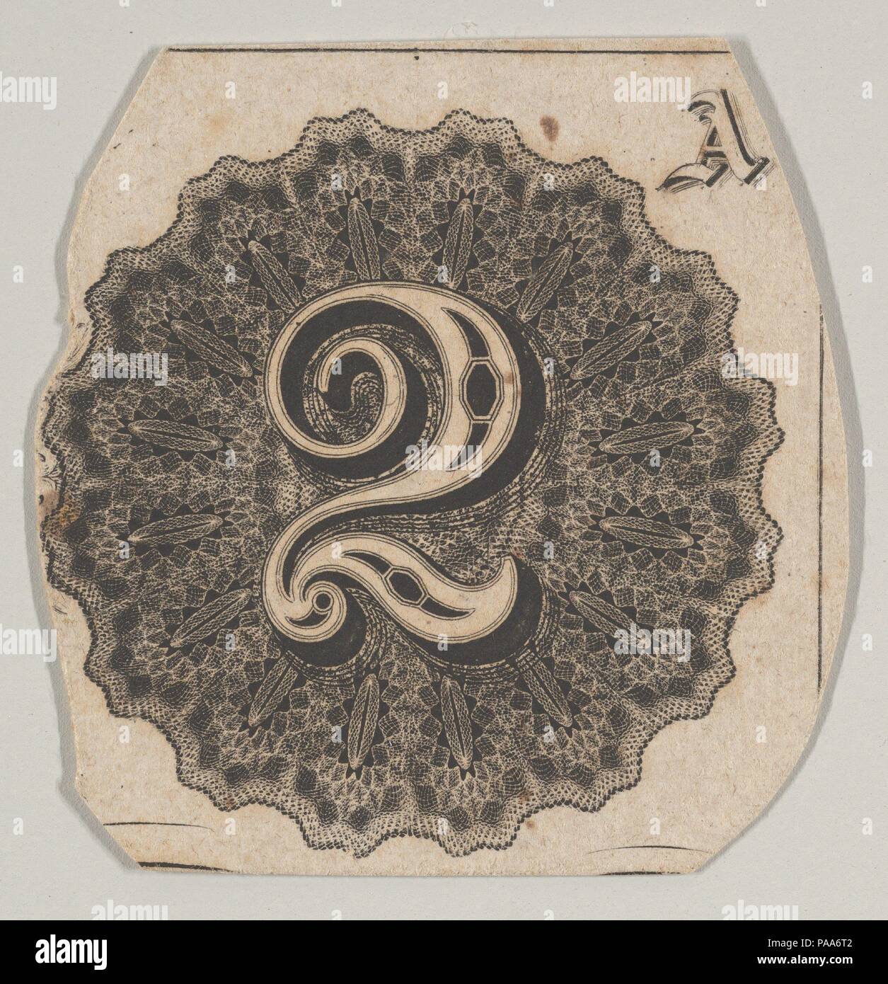 Banknote Motiv: Nummer 2 gegen eine kreisförmige Platte von Drehbank arbeiten mit einem gekerbten Rand. Artist: Verbunden mit Cyrus Durand (American, 1787-1868). Maße: Blatt: 1 5/8 x 1 5/8 in. (4,2 x 4,2 cm). Drucker: Gedruckt von A. B.&C. Durand & Company (Amerikanische, aktive 1824-27); Gedruckt von Durand, Perkins, und Firma (New York). Datum: Ca. 1824-42. Museum: Metropolitan Museum of Art, New York, USA. Stockfoto