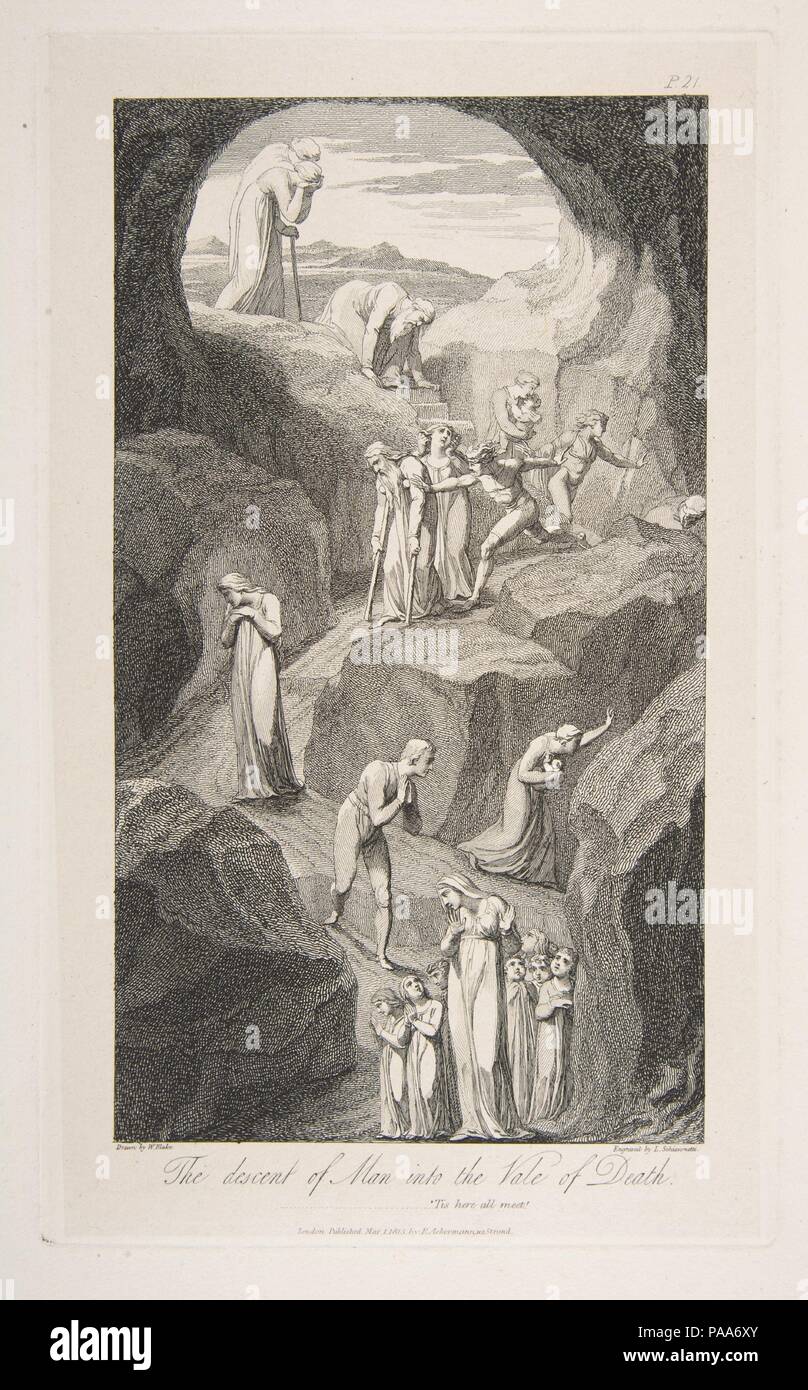 Die Abstammung des Menschen in das Tal des Todes, aus dem Grab, ein Gedicht von Robert Blair. Artist: Luigi Schiavonetti (Italienisch, Bassano del Grappa, 1765-1810, London); nach William Blake (Briten, London 1757-1827 London). Abmessungen: Platte: 9 1/2 x 5 5/16 in. (24,1 x 13,5 cm) Blatt: 10 13/16 x 6 1/4 in. (27,5 x 15,9 cm). Herausgeber: Rudolph Ackermann, London (1794-1829). Datum: März 1, 1813. Museum: Metropolitan Museum of Art, New York, USA. Stockfoto