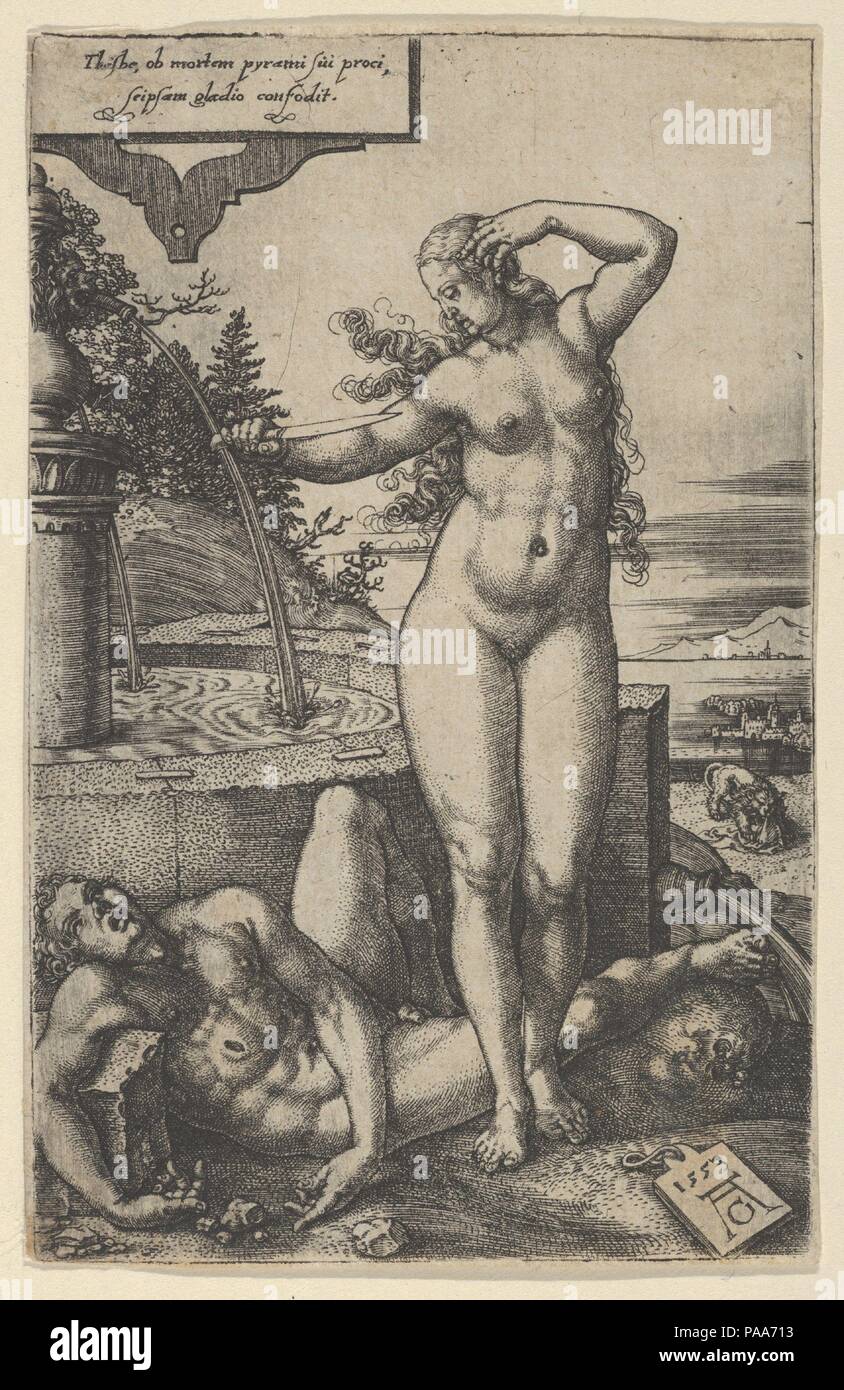 Pyramus und Thisbe. Artist: Heinrich Aldegrever (Deutsch, Paderborn Ca. 1502-1555/1561 Soest). Maße: Blatt: 4 5/8 x 2 15/16 in. (11,7 x 7,5 cm). Datum: 1553. Museum: Metropolitan Museum of Art, New York, USA. Stockfoto