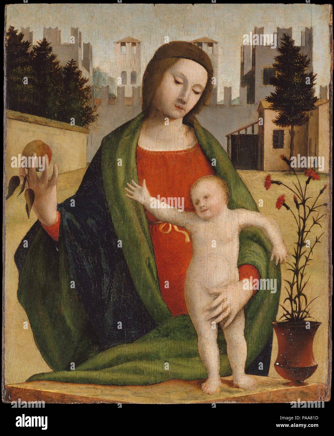 Madonna und Kind. Artist: suardi Bramantino (Bartolomeo) (Italienisch, Bergamo (?) Ca. 1465-1530 Mailand). Abmessungen: Insgesamt 13 1/2 x 11 1/4 in. (34,3 x 28,6 cm); Oberfläche lackiert 13 1/2 x 10 7/8 in. (34,3 x 27,6 cm). Datum: vor 1508. Die Apple, mit dem Fall des Menschen verbunden sind, hier eine Anspielung auf Jesus: 'Wie ein Apfelbaum unter den wilden Bäumen, so ist mein Freund unter den Söhnen...' (das Hohelied 2:3). Die nelke ist auch mit Liebe verbunden sind, und schlägt die Jungfrau als emblematische Braut Christi. Bramantino war die fortschrittlichsten Maler in Mailand im frühen sechzehnten Jahrhundert und ein Stockfoto