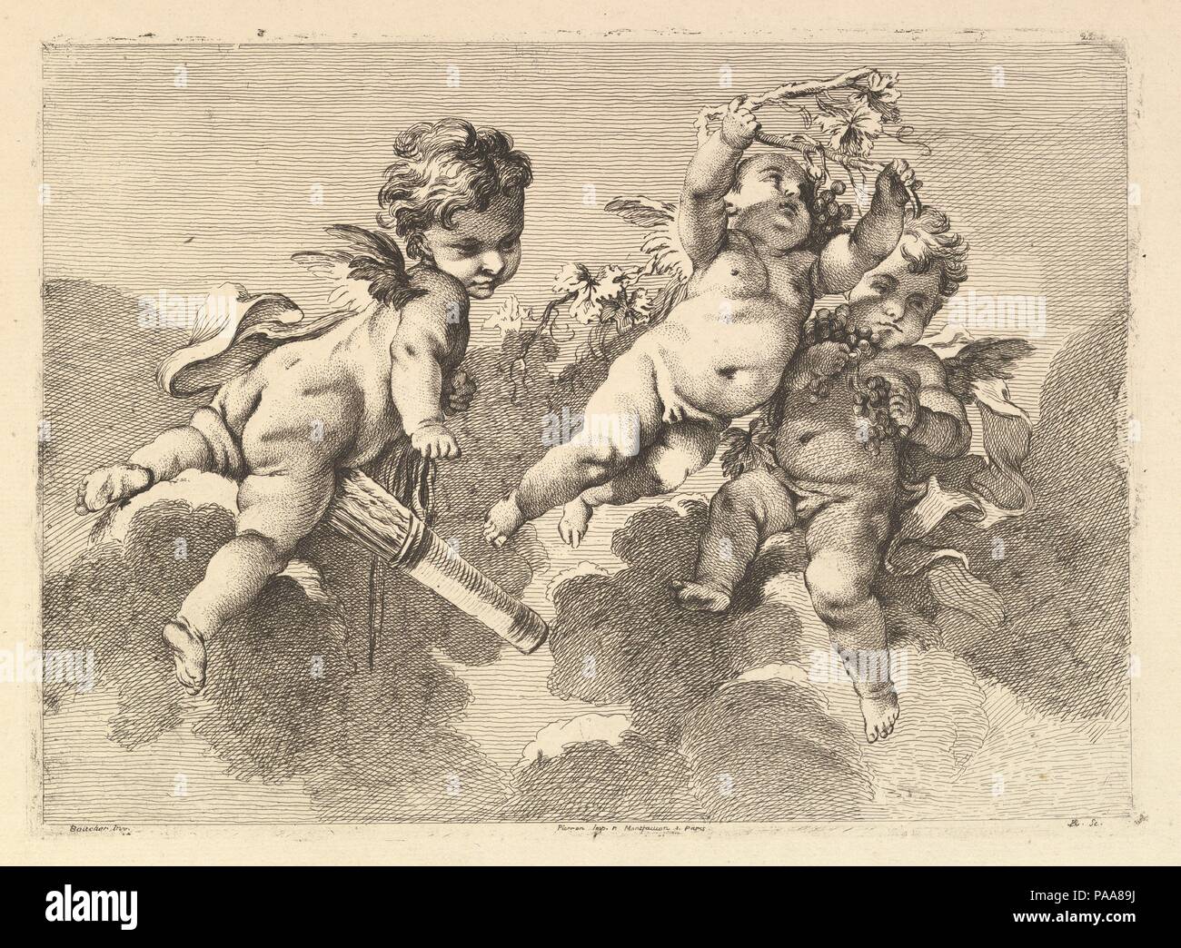 Drei Kinder in Wolken. Artist: Nachdem François Boucher (Französisch, Paris 1703-1770 Paris); Monogrammist DA (Französisch, 18. Jahrhundert). Maße: Blatt: 11 7/8 x 17 1/16-in. (30,2 x 43,3 cm) Platte: 8 3/8 x 11 5/8 in. (21,3 x 29,5 cm). Datum: 18. Museum: Metropolitan Museum of Art, New York, USA. Stockfoto