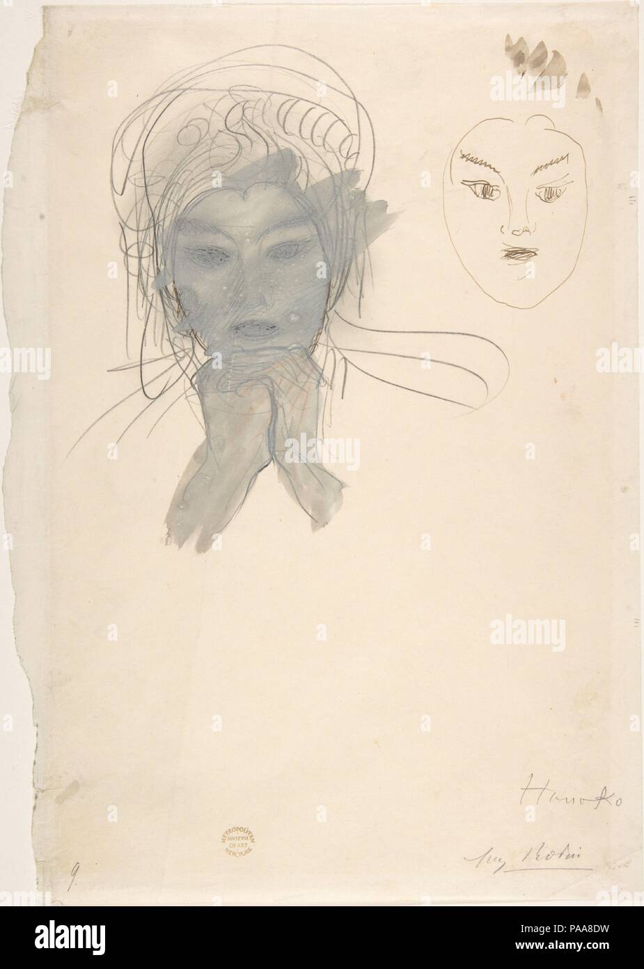 Hanako. Artist: Auguste Rodin (Französisch, Paris 1840-1917 Meudon). Abmessungen: 11 3/4 x 8 7/16 in. (29,9 x 21,4 cm). Datum: 1907. Die japanische Schauspielerin Ohta Hisa (1868-1945), bekannt als Hanako, posierte für eine Reihe von Porträt Studien, und Rodin porträtiert ihre mobile Gesicht in verschiedenen Medien. Die nachdenkliche Stimmung der Schauspielerin in dieser Skizze wird durch das Beunruhigende zweite Bild von ihr Gesicht wie eine geheimnisvolle Maske gestört. Rodin offenbar Hanako als lebendiges Modell für ein Porträt von Beethoven, wahrscheinlich in der gleichen Weise, dass er ein Mann der Stadt Tours namens Estager als der Lebendige mod verwendet wurde. Stockfoto