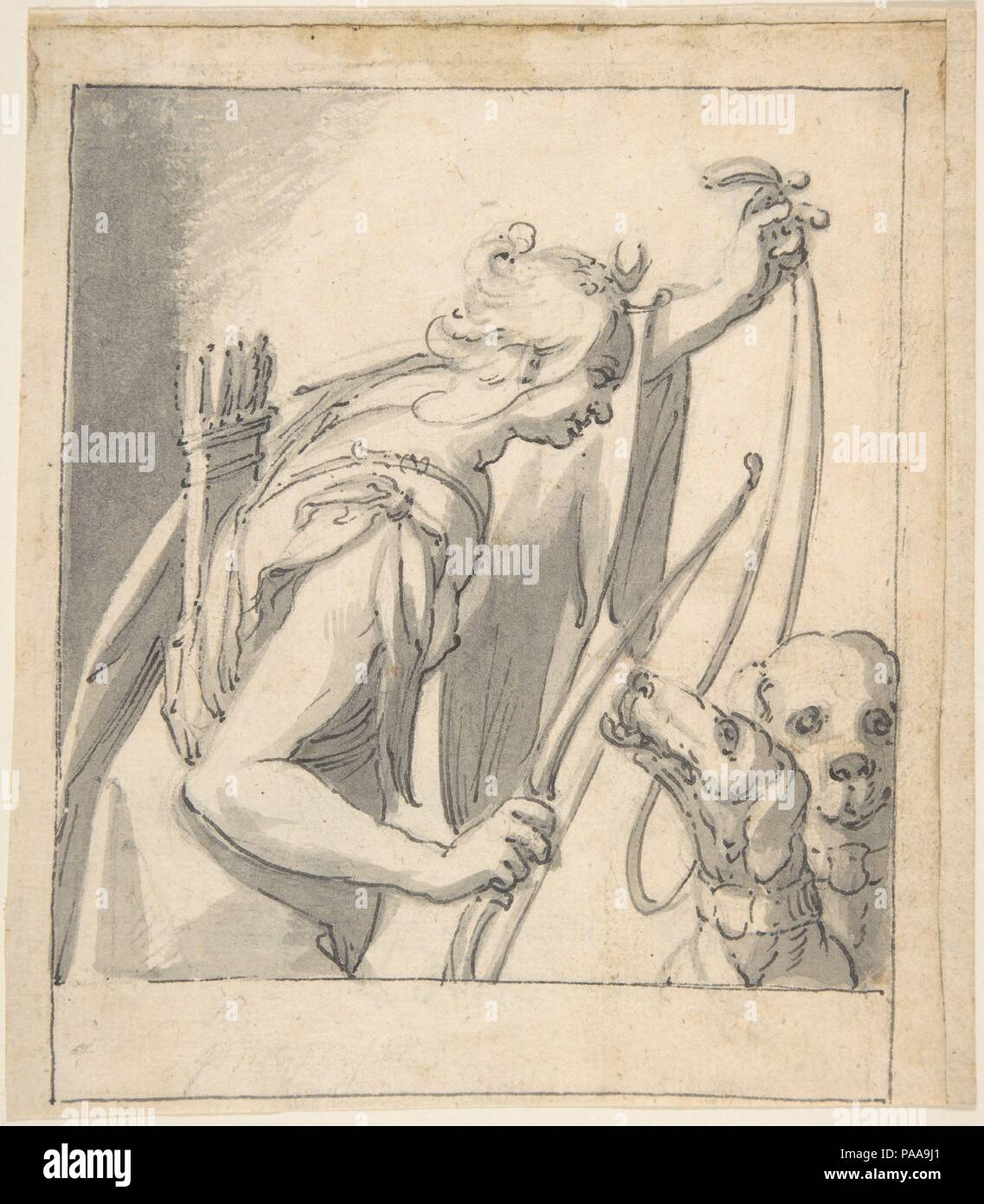 Diana mit zwei Hunden. Artist: Anonyme, Deutsch, aus dem 17. Jahrhundert. Abmessungen: Insgesamt: 6 5/16 x 5 1/4 in. (16 x 13,3 cm). Ehemalige Attribution: Ehemals zugeschrieben, Georges Tann (Französisch, Nancy Ca. 1580-1636 Paris). Museum: Metropolitan Museum of Art, New York, USA. Stockfoto