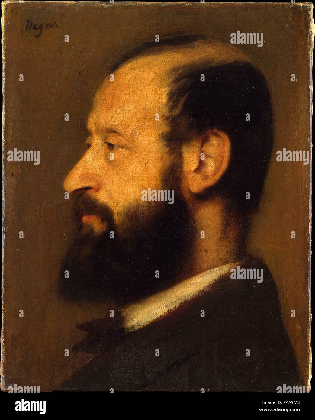 Joseph-Henri Altès (1826-1895). Künstler: Edgar Degas (Französisch, Paris 1834-1917 Paris). Abmessungen: 9 7/8 x 7 7/8 in. (25,1 x 20 cm); mit zusätzlichen Streifen 10 5/8 x 8 1/2 in. (27 x 21,6 cm). Datum: 1868. Dieses Profil anzeigen Der erste Flötist und Konzertmeister der Paris Opéra, Joseph-Henri Altès, ist eines von vielen's Degas Porträts der Musiker. Als "wenig Witz, 'Lousine Havemeyer, der ursprünglich die Malerei gehört, hing sie zwischen zwei Renaissance Porträts und war ziemlich froh zu erfahren, dass "die Meister der Moderne seine eigene gehalten.". Museum: Metropolitan Museum of Art, New York, USA. Stockfoto
