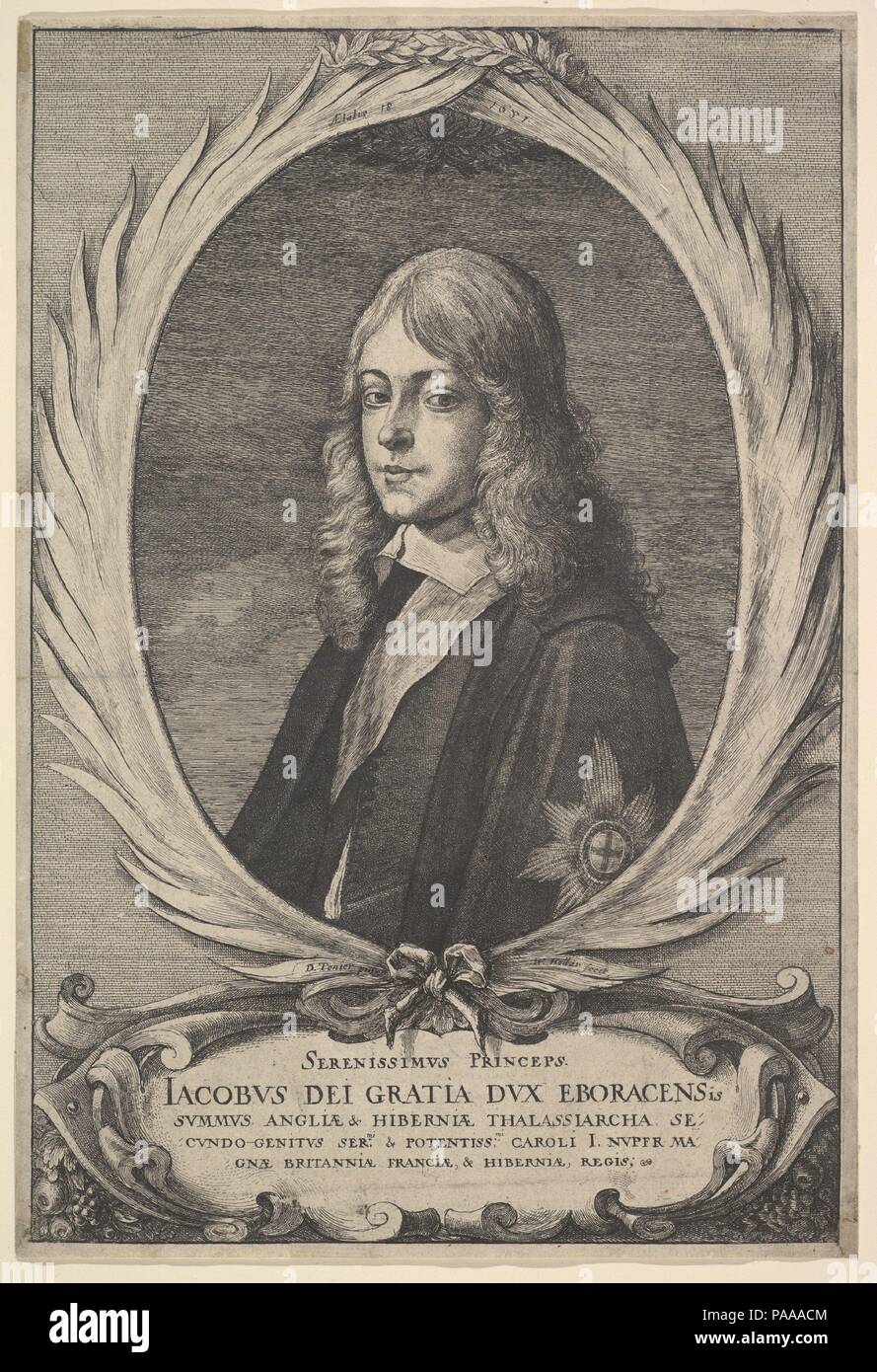 James, Herzog von York. Artist: Wenzel Hollar (Böhmische, Prag 1607-1677 London). Maße: Blatt: 11 1/8 x 7 9/16 in. (28,3 × 19,2 cm). Sitter: James, Herzog von York (Briten, London 1633-1701 Frankreich). Datum: 1651. Portrait von James, Herzog von York, Kopf und Schultern nach vorne leicht nach links gedreht, mit Mantel und Star der Strumpfband auf seinem linken Arm, in oval aus Palmblättern, mit Text in dekorative Kartusche unten; nach David Teniers. Museum: Metropolitan Museum of Art, New York, USA. Stockfoto