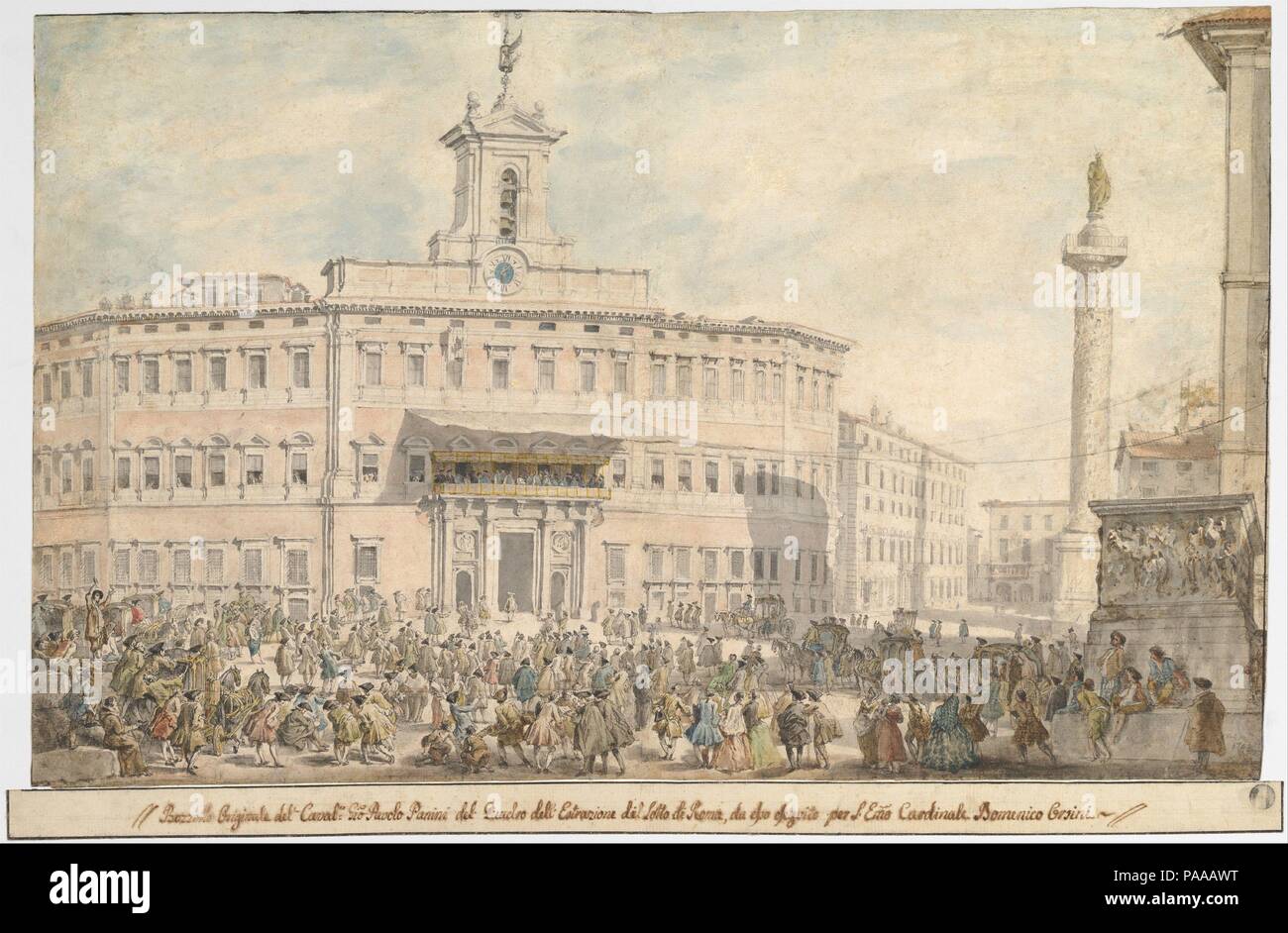 Die Lotterie in der Piazza Montecitorio. Artist: Giovanni Paolo Panini (Italienisch, Piacenza Rom 1691-1765). Abmessungen: 13 3/8 x 21 7/16 in. (34 x 54,5 cm). Datum: 1743-1744. Dieses große Ansicht ist ein in hohem Grade fertig vorbereitende Skizze für ein Gemälde in der National Gallery, London (Inv. NG 6605), die die Zeichnung des Römischen Lotterie auf dem Balkon des Palazzo di Montecitorio (siehe hier auch ": Draper 1969), wie es in einem zeitgenössischen Beschriftung am unteren Rand des Blattes bescheinigt. Das Gemälde ist, sagte Kardinal Domenico Orsini (1719-1789; 9. September erstellt in Auftrag gegeben zu haben Stockfoto