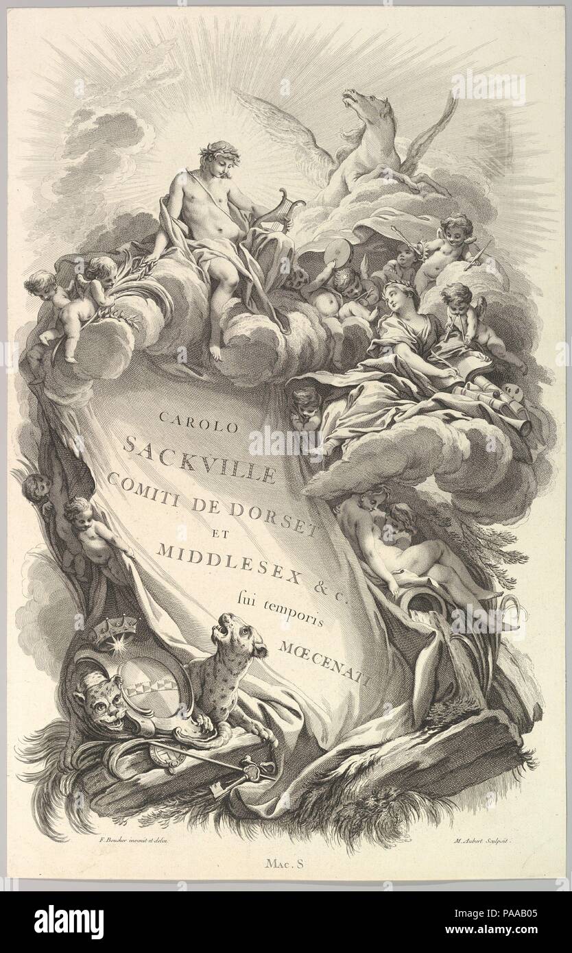 "Frontispice pour le Tombeau de Charles Sackville, comte de Dorset" (Titelblatt für die "Grab von Charles Sackville, Graf von Dorset', von Saadiens des Princes, des Grands Capitaines et autres Hommes illustres (Gräber der Fürsten, Ritter und andere illustre Männer). Artist: Nachdem François Boucher (Französisch, Paris 1703-1770 Paris); Michel Aubert (Französisch, 1700-1757 Paris). Autor: Eugene MacSwiny. Maße: Blatt: 25 9/16 x 16 3/8 in. (65 x 41,6 cm) auf Plattenkante geschnitten. Serie/Portfolio: Saadiens des Princes, des Grands et autres Hommes illustres Capitaines qui ont Fleuri dans la Grande Stockfoto