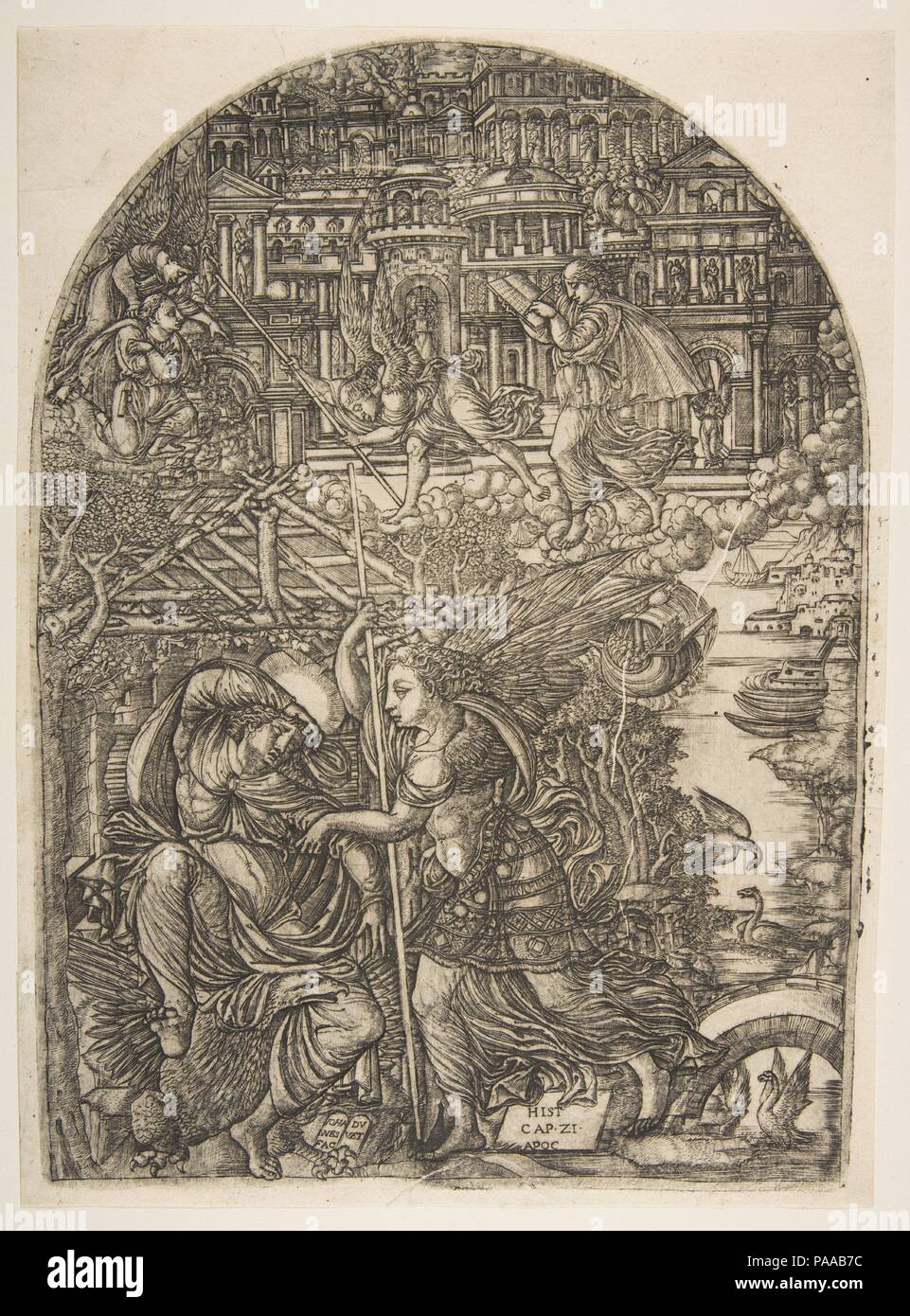 Der Engel zeigt Saint John das neue Jerusalem, aus der Apokalypse. Artist: Jean Duvet (Französisch, Ca. 1485 - nach 1561). Abmessungen: Platte: 11 7/8 x 8 5/8 in. (30,2 x 21,9 cm) Blatt: 12 1/8 x 9 in. (30,8 x 22,8 cm). Datum: n. d.. Museum: Metropolitan Museum of Art, New York, USA. Stockfoto