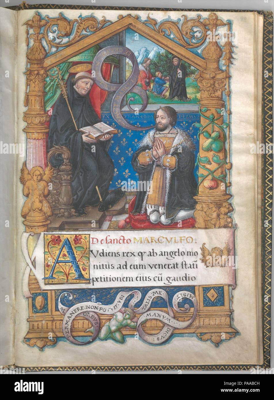 Stunden von Francis I. Kultur: Französisch, Paris oder Touren. Maße: Gesamt, gebunden Abmessungen, bestätigt: 8 3/16 x 5 3/4 x 1 1/2 in. (20,8 x 14,6 x 3,8 cm) Ungefähre Abmessungen von Buch im Buch Halterung für:: 9 1/2 x 11 1/2 x 9 in. (24,1 × 29,2 × 22,9 cm). Hersteller: Master von François de Rohan (Französisch, Paris, aktive Ca. 1525-1546). Datum: 1539-40. Dies ist die einzige ihrer Art voll beleuchteten Buch der Stunden für König Franz I. (1494-1547, ab 1515). Die achtzehn Illuminationen in diesem devotional Buch über die Evangelien und verschiedene Szenen aus dem Leben Christi und Mariens. Die ungewöhnlichsten Stockfoto