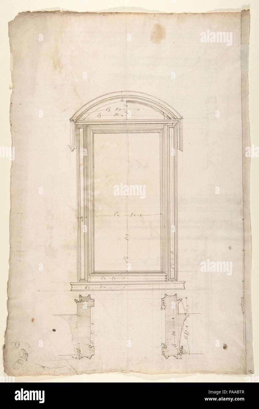 San Lorenzo, Bibliothek, Ricetto, Portal zu Ricetto, Höhe; Plan (recto) San Lorenzo, Bibliothek, Ricetto, Portal von Kreuzgang, Details (verso). Maße: Blatt: 17 1/8 x 11 13/16-in. (43,5 x 30 cm). Verfasser der Stellungnahme: Gezeichnet von Anonym, Französisch, 16. Datum: Anfang bis Mitte des 16. Jahrhunderts. Museum: Metropolitan Museum of Art, New York, USA. Stockfoto