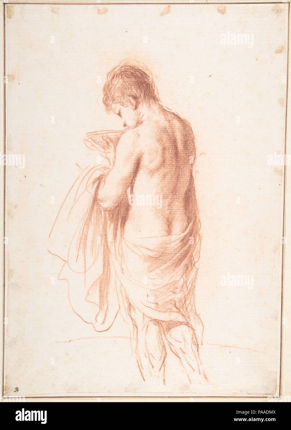Jugend stehend von hinten gesehen, eine Schüssel (Ganymed?). Artist: Guercino (Giovanni Francesco Barbieri) (Italienisch, Cento 1591-1666 Bologna). Maße: Blatt: 10 1/2 x 7 1/2 in. (26,7 x 19,1 cm). Datum: Ca. 1635-45. Traditionell als eine Studie für die Abbildung von Ganymed - die schöne Jugend, die von Zeus entführt - diese Zeichnung da betitelt hat 'Stehende Jungen (oder Jugend) Holding eine Schüssel", als weder ein Ganymed noch dieser insbesondere jugendliche Gestalt in extant Guercino (Bean 1964 b, Nr. gefunden werden können 31). Jacob Bean (1967, No. 46, S. 40) datiert die Zeichnung des Künstlers mi Stockfoto