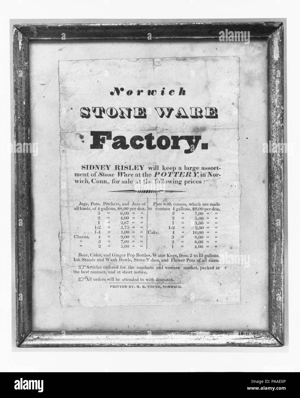 Werbung für Norwich Steinzeug Fabrik. Kultur: American. Abmessungen: 11 x 9 in. (27,9 x 22,9 cm). Datum: 1770-1800. Museum: Metropolitan Museum of Art, New York, USA. Stockfoto