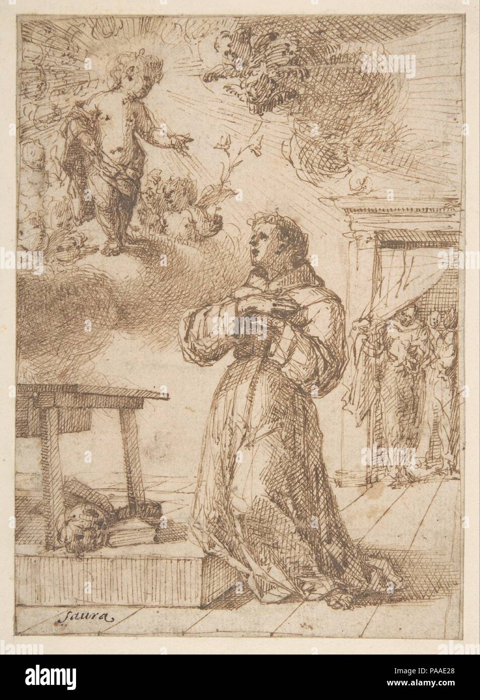 Die Vision des Heiligen Antonius von Padua. Artist: Vicente Gómez Salvador (Spanisch, Valencia 1637 - Ca. 1700 Valencia (?)). Maße: Blatt: 7 x 5 1/16-in. (17,8 x 12,8 cm). Datum: n. d.. Museum: Metropolitan Museum of Art, New York, USA. Stockfoto