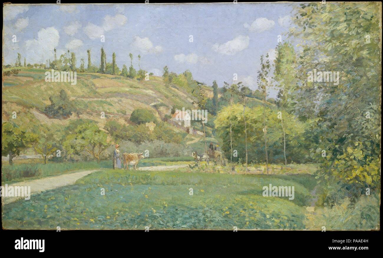 Ein hirtenjunge an Valhermeil, Auvers-sur-Oise. Artist: Camille Pissarro (Französisch, Charlotte Amalie, St. Thomas 1830-1903 Paris). Abmessungen: 21 5/8 x 36 1/4 in. (54,9 x 92,1 cm). Datum: 1874. Diese Ansicht zeigt eine der Straßen verbinden der Weiler Valhermeil in Auvers mit Pontoise, das Dorf im Nordwesten von Paris, wo Pissarro für viele Jahre lebte. Zwischen 1873 und 1882 malte er rund 20 Arbeiten in diesem Bereich, mehrere mit dem gleichen roten Haus. Die Dorfbewohner gehen auf Pfaden durch die französische Landschaft, war einer der Favoriten des Künstlers, sein Interesse an der p widerspiegelt Stockfoto