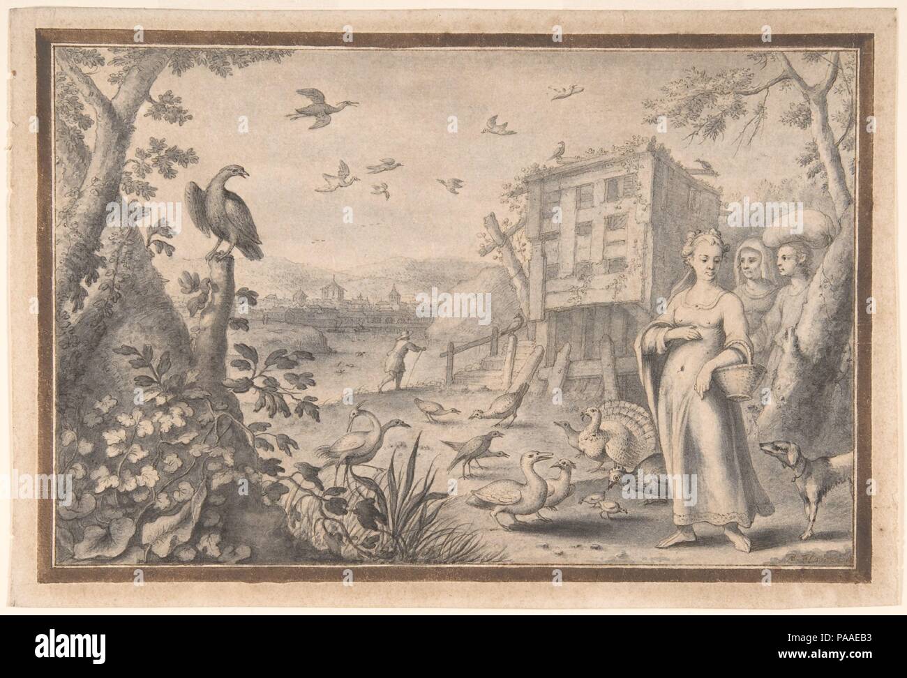 Landschaft mit drei Figuren und Vögel. Artist: Albert Flamen (Flämisch, geboren Ca. 1620, aktive 1648-88). Abmessungen: 7 5/16 x 10 11/16 in. (18,5 x 27,2 cm). Datum: Mitte des 17. Ende des 17. Jahrhunderts. Museum: Metropolitan Museum of Art, New York, USA. Stockfoto