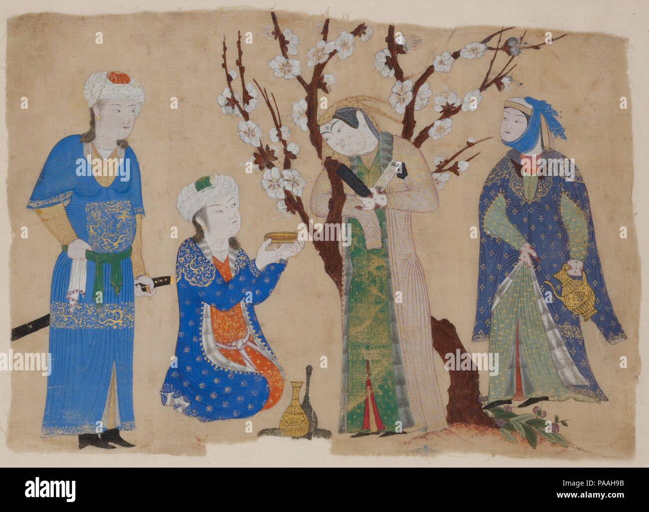 Wein trinken in einer Spring Garden. Abmessungen: 8,5 cm hoch 30,20 cm breit 21,6 cm hoch 11,87 cm breit). Datum: Ca. 1430. Die Jugend bietet einen Kelch mit Wein zu einem Mädchen spiegelt eine persische höfischen Ideale in der Lyrik sowie der Malerei. Aber es war üblich, dass Timurid Künstler an die chinesischen Modelle für bildliche Inspiration zu drehen. In diesem Fall, den chinesischen Einfluss kann in der Anordnung der Figuren auf einer horizontalen groundline vor einem neutralen, 1954-1990 Hintergrund gesehen werden; in der Identität und gewundenen Stil der blühenden Prunus Baum, Klammern die Prinzessin; und im verwendeten Material Stockfoto