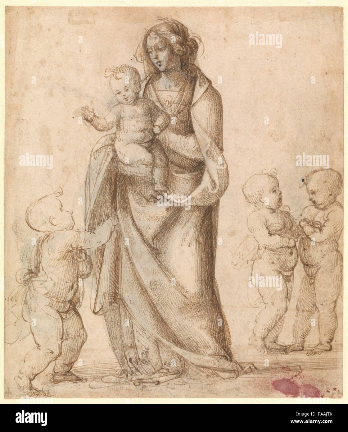 Madonna mit Kind und den Säugling der Hl. Johannes der Täufer und zwei Putten (recto); Madonna mit Kind und den Säugling der Hl. Johannes der Täufer und ein Putto (verso). Artist: Fra Bartolomeo (Bartolomeo di Paolo del Fattorino) (Italienisch, Florenz 1473-1517 Florenz). Abmessungen: 7 3/8 x 6 7/16 in. (18,7 x 16,3 cm). Datum: 1505-6 (?). Dieses Blatt wahrscheinlich diente als eine explorative Idee für eine Komposition, anstatt eine vorbereitende Studie für eine bestimmte Malerei. Diese Zeichnung wirft Licht auf die Fra Bartolomeo Praxis der Beschäftigung von Holz- Modelle oder Puppen, in unartikulierten Hände der Jungfrau offenbart und die Ar Stockfoto