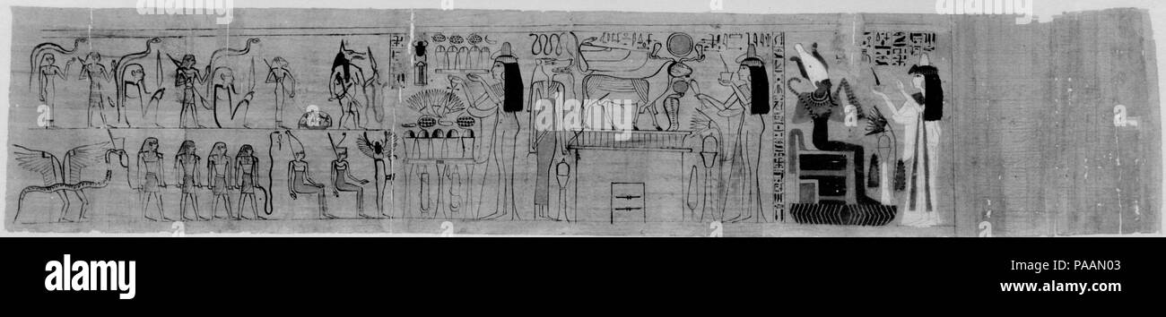 Grabkunst Papyrus (amduat), das der Sänger Teje. Abmessungen: Papyrus: L 121 x H 23,5 cm (47 5/8 x 9 1/4 in.); gerahmt: L 125,3 x H 28 x D 2,5 cm (49 5/16 in. × 11 in. X 1 in.). Dynastie: Dynasty 21, Ende. Datum: Ca. 975-945 v. Chr.. Museum: Metropolitan Museum of Art, New York, USA. Stockfoto