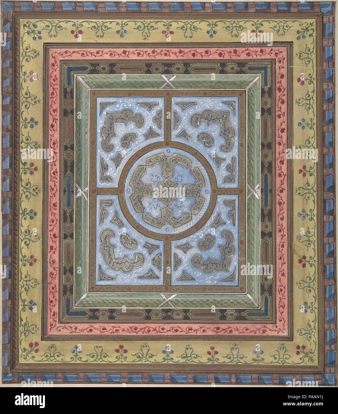 Design für die Decke mit Pflanzen- und Arabesque Dekoration. Künstler: Charles Monblond (Französisch, 19. Jahrhundert). Abmessungen: 12 x 10 cm. (30,5 x 26,7 cm). Datum: 19. Museum: Metropolitan Museum of Art, New York, USA. Stockfoto