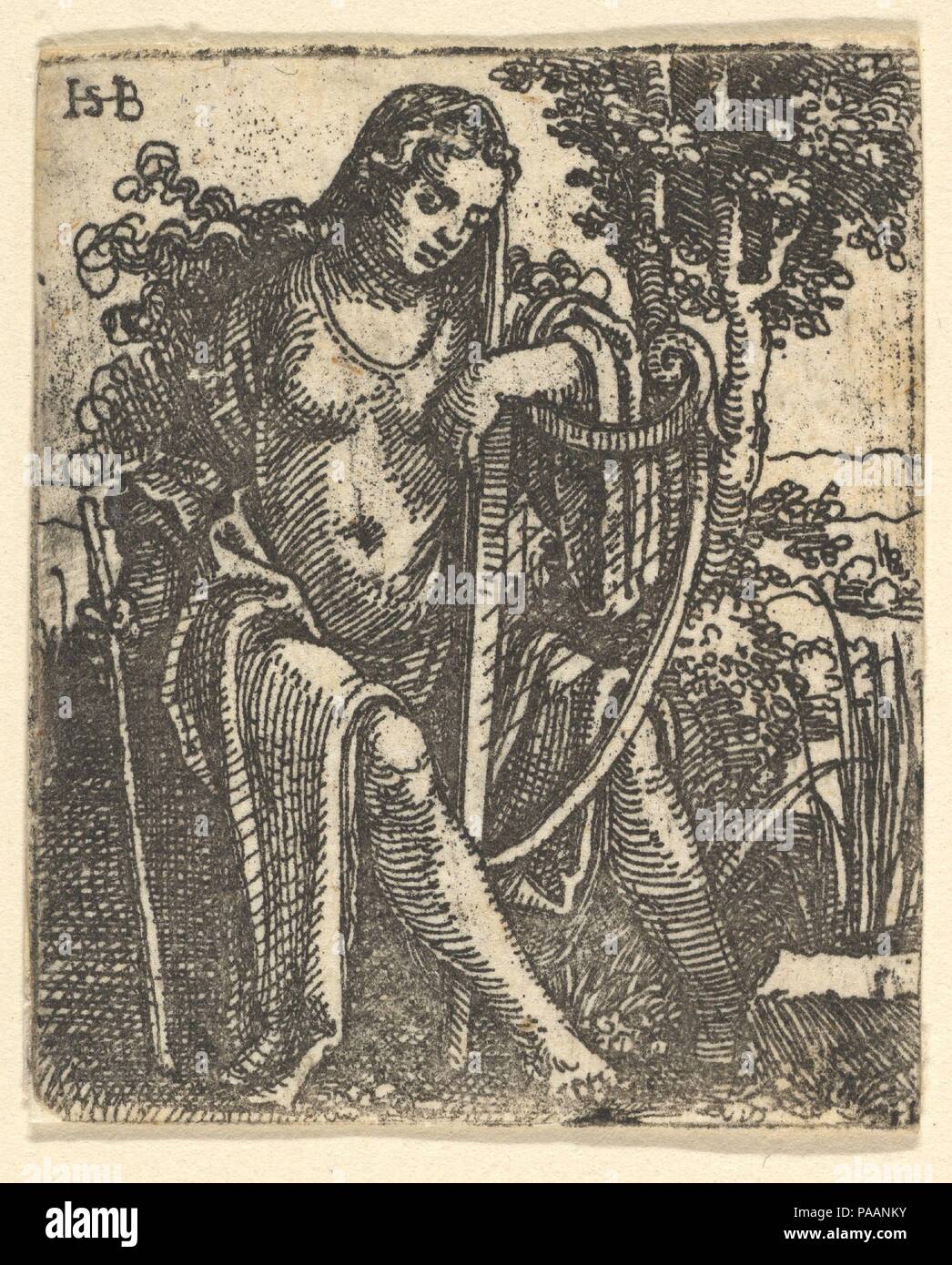 Frau mit einer Harfe. Artist: Sebald Beham (Deutsch, Nürnberg 1500-1550 Frankfurt). Maße: Blatt: 1 9/16 x 1 5/16 in. (4 x 3,3 cm). Datum: 1520-25. Museum: Metropolitan Museum of Art, New York, USA. Stockfoto