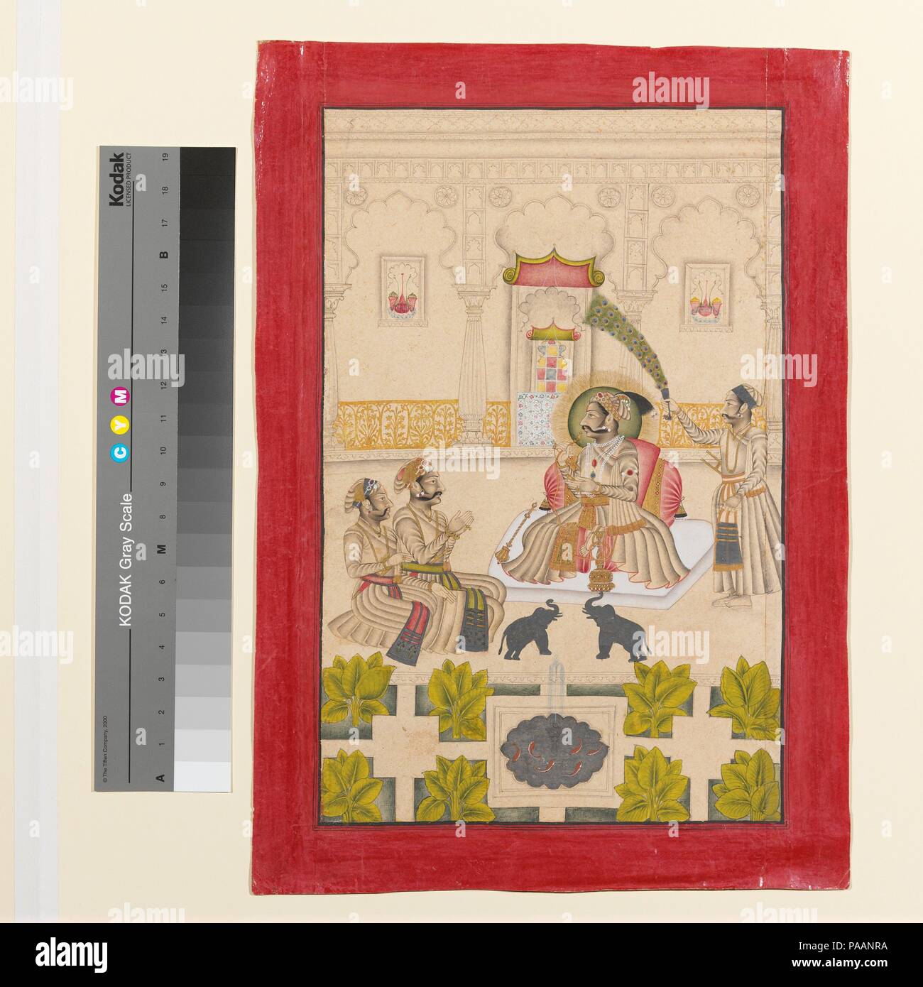 Maharana Amar Singh II wird angezeigt Zwei silbernen Elefanten. Artist: Walze auf Master (Indische, aktive Ca. 1690-1715). Kultur: Indien (rajasthan, Mewar). Abmessungen: 18 x 13 in. (45,7 x 33 cm). Datum: Ca. 1705. Die semi-farbige Zeichnung Technik hier gesehen, ein Kreuz zwischen grisalle tonale Zeichnung - in der Mughal Tradition bekannt als Nim qalam - und Aquarell, in Udaipur entwickelt und ist mit einem Malermeister in den Dienst von Amar Singh II und Sangram Singh II in den frühen achtzehnten Jahrhundert verbunden. Der Stil dieses anonymen Künstlers, genannt die Walze auf Master, blieb ein singuläres Phänomen, dass Cour Stockfoto