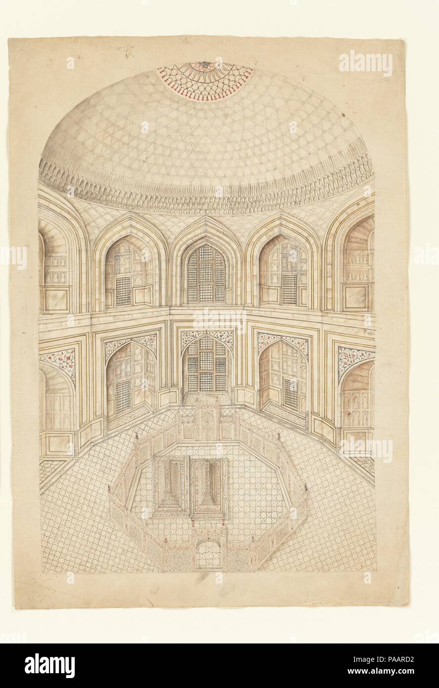 Innenraum der Taj Mahal Mausoleum. Kultur: Indien (Delhi und Agra). Abmessungen: Bild (sehen): 18 x 25 cm. (45,7 x 65,7 cm) Gerahmt: 26 x 34 in. (66 x 86,4 cm). Datum: Anfang des 19. Jahrhunderts. Museum: Metropolitan Museum of Art, New York, USA. Stockfoto