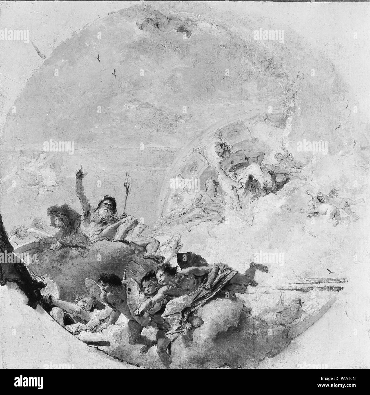 Neptun und den Winden. Künstler: Giovanni Battista Tiepolo (Italienisch, Venedig, Madrid, 1696-1770). Abmessungen: runde Oberfläche lackiert, 24 1/2 x 24 1/2 in. (62,2 x 62,2 cm). Die Skizze zeigt ein gefeierter Passage von Virgil's Aeneid <i></i> Beschreibt, wie Neptun die Winde Aeneas von schiffbruch zu speichern wieder beruhigt. Neptun, erhob seine Hand, Befehle die Winde zu unterlassen. Jupiter steht vor der Vorhalle einer kreisförmigen Tempel. In 1764-66 Tiepolo Zimmer in den Palacio Real, Madrid eingerichtet, mit einer Apotheose des Aeneas; die Skizze zu diesem Projekt verknüpft werden. Museum: Metropolitan Museum der Kunst, Stockfoto