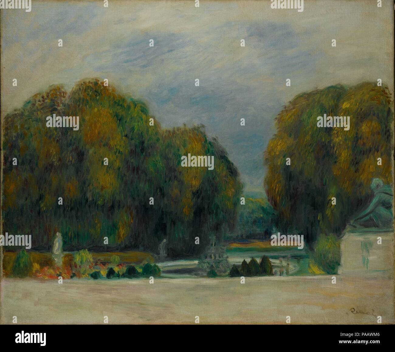 Versailles. Artist: Auguste Renoir (Französisch, Limoges 1841-1919 Cagnes-sur-Mer). Abmessungen: 20 1/2 x 24 7/8 in. (52,1 x 63,2 cm). Datum: 1900-1905. Den Verzicht auf die informelle Ansatz der impressionistischen Maler während seiner späteren Karriere, Renoir kehrte nach mehr traditionell inspirierten Motiven. In diesem Herbst Landschaft zeigt einen Blick auf den Innenhof an der Nordseite des Schlosses von Versailles. Kastanien säumen die Allée und weich mit freistehenden Pinselführung in lebendigen Farben der Jahreszeit gemalt. Skulptur ist prominent in diesem Gemälde vorgestellt, und in der Tat Renoirs Interesse an der Skulptur wird Ap Stockfoto
