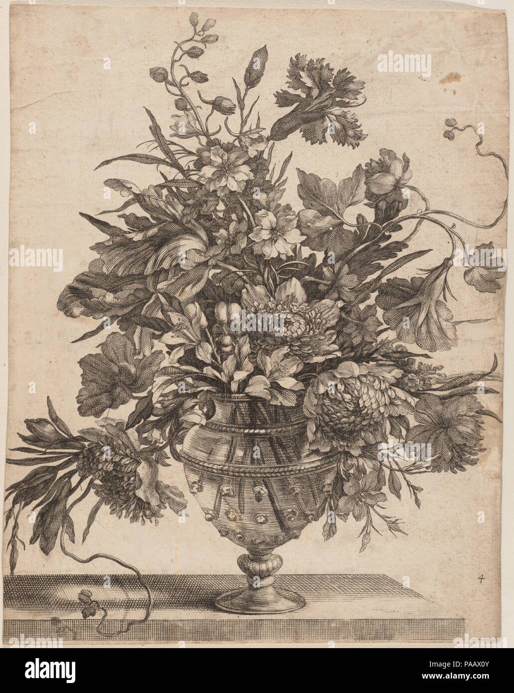 [ Blumen arrangiert in einem Glas Vase]. Künstler und Graveur: Jean-Baptiste Monnoyer (Französisch, Lille 1636-1699 London). Abmessungen: Platte: 12 3/8 x 8 7/8 in. (31,4 × 22,5 cm). Erschienen in: Paris. Herausgeber: Durch de Poilly, Paris veröffentlicht. Datum: [ca. 1659]. Museum: Metropolitan Museum of Art, New York, USA. Stockfoto