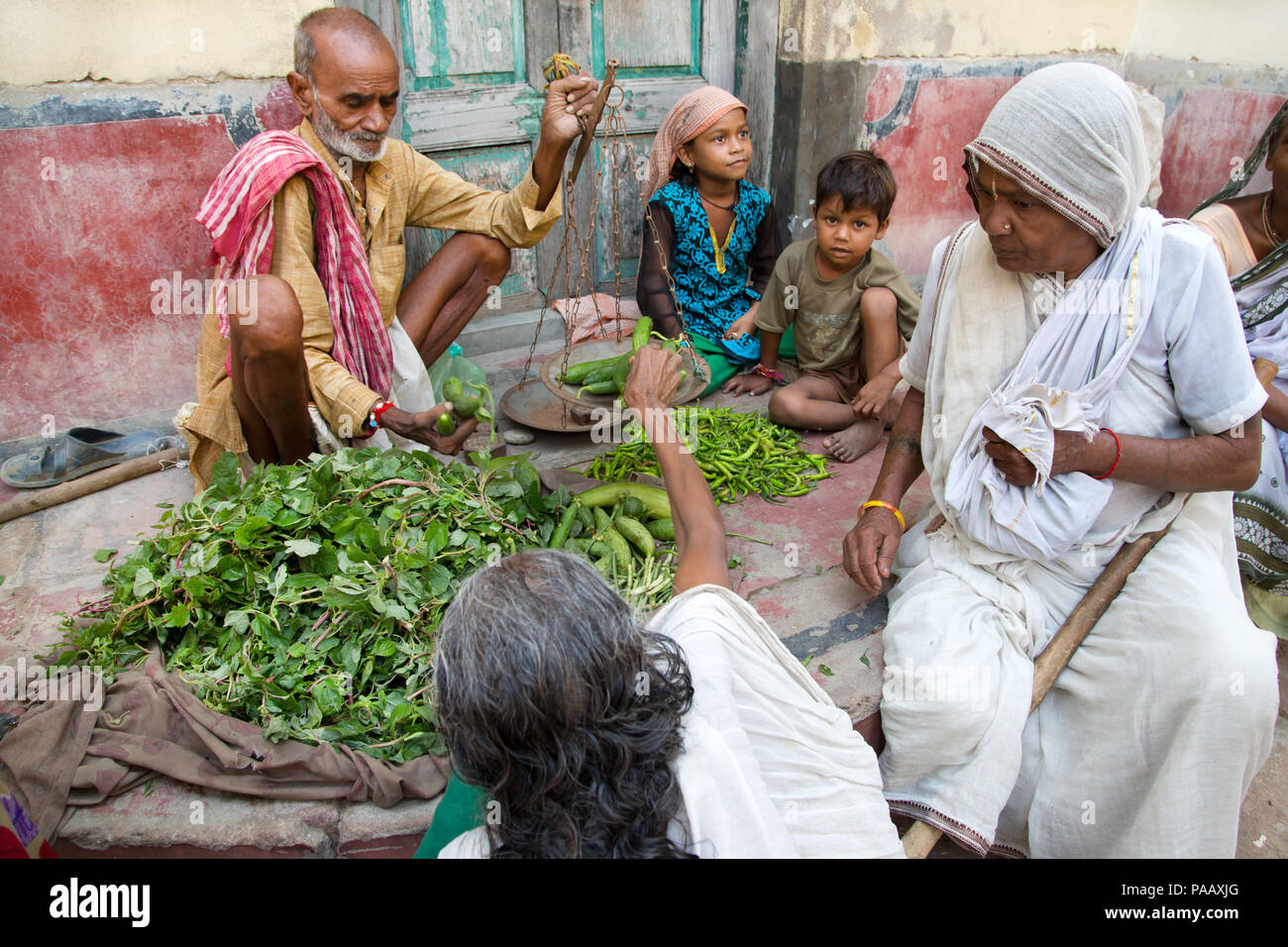 Indisch-hinduistischen Witwen Shopping für Gemüse in Markt in Vrindavan, Indien Stockfoto