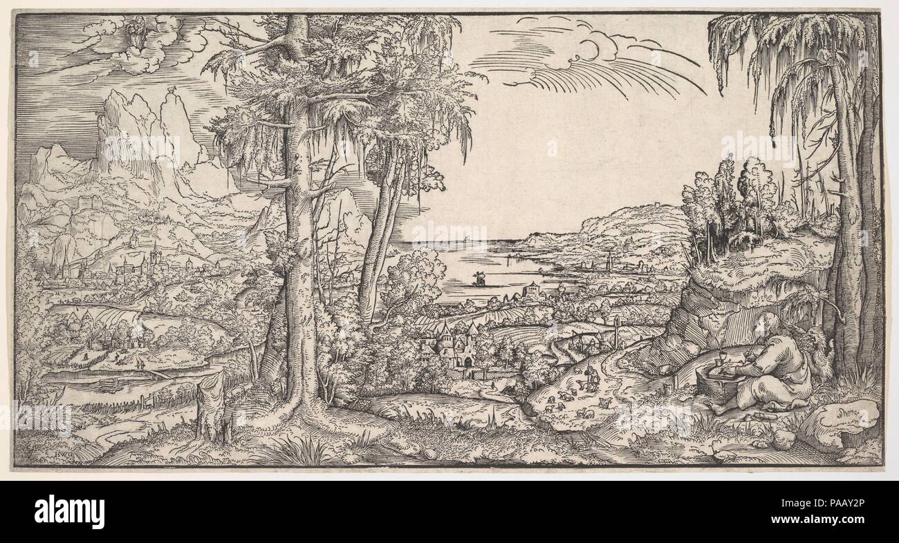 Landschaft mit dem Hl. Johannes der Evangelist. Artist: Virgil Solis (Deutsch, (?) 1514-1562 Nürnberg). Abmessungen: Blatt 7-3/4 x 14-5/8-in. (19,6 x 37 cm). Datum: Mitte des 16. Jahrhunderts. Museum: Metropolitan Museum of Art, New York, USA. Stockfoto