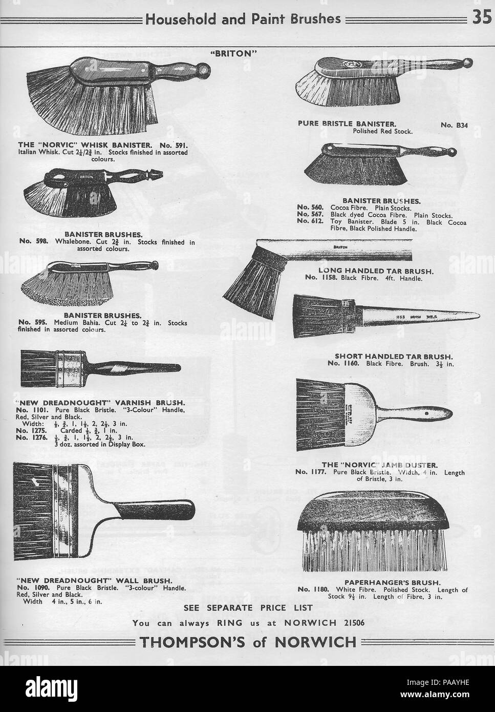 Allgemeine Großhandel Katalog hardware Faktoren H. Thompson & Sons Ltd, Chalk Hill arbeitet, Norwich, England, UK 1940s 1950s Retro Vintage Produkte für den Haushalt Produkte Bilder Zeichnungen Illustrationen einfarbig schwarz und weiß dargestellt Stockfoto