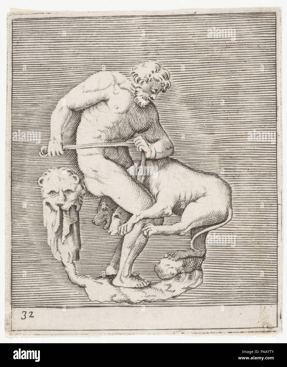 Hercules und Cerberus. Artist: durch Anonyme eingraviert, italienisch, 16. Jahrhundert; nach Battista Franco (Italienisch, Venedig Ca. 1510-1561 Venedig). Dedicatee: Eingeweiht Francesco Angeloni (Terni 1559 oder 1587-1652 Rom). Abmessungen: Platte: 3 7/16 x 4 7/8 in. (8,8 x 12,4 cm). Ehemalige Attribution: Ehemals zugeschrieben, Enea Vico (Italienisch, Parma, Ferrara, 1523-1567). Erschienen in: Rom. Herausgeber: Veröffentlicht von philippe Thomassin (Französisch, Troyes 1562-1622 Rom). Serie/Portfolio: Ex Antiquis Cameorum.... Datum: veröffentlicht. 1599-1622. Museum: Metropolitan Museum of Art, New York, USA. Stockfoto