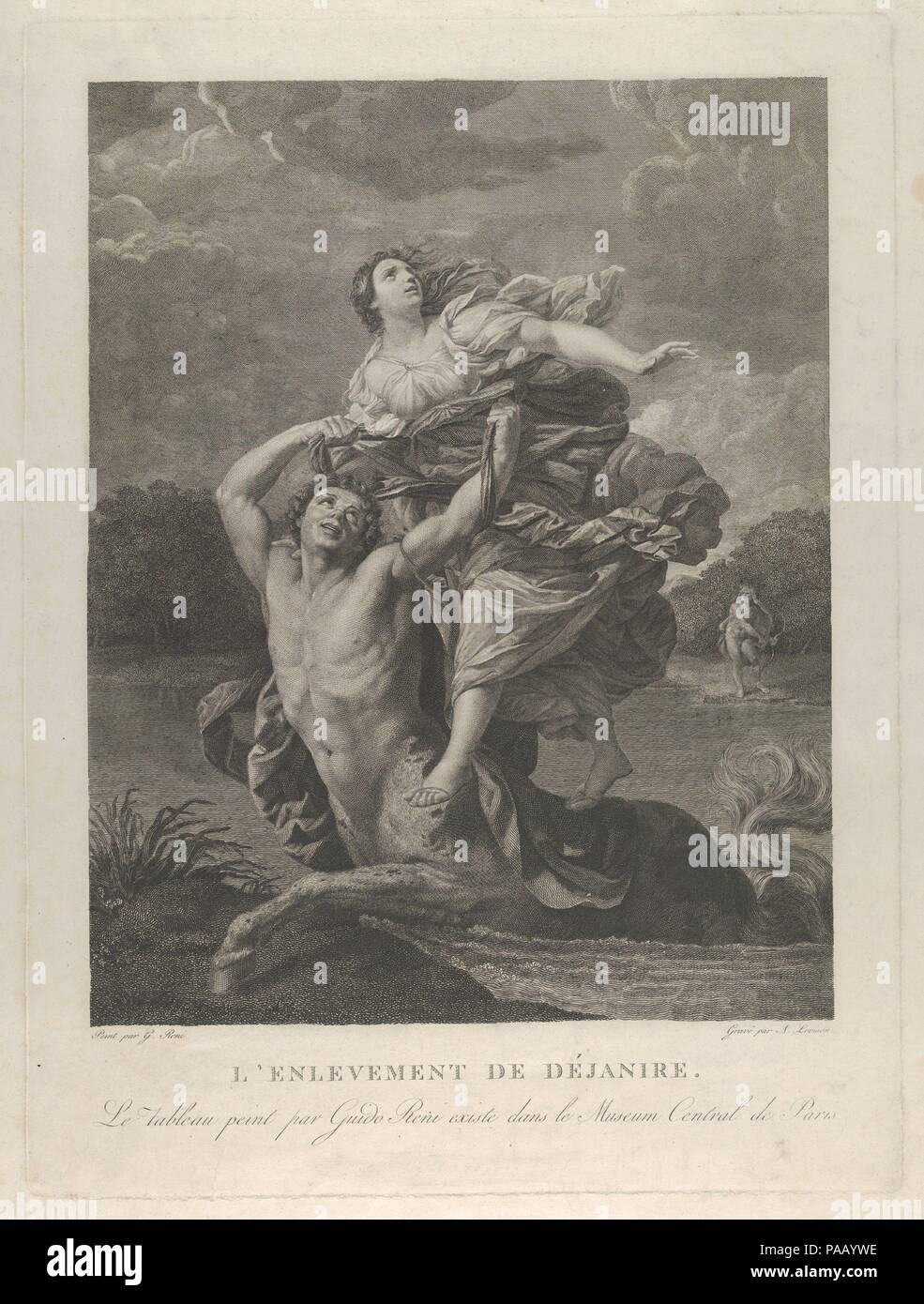 Dejanira entführt von der Centaur Katharina, ein Mann mit Pfeil und Bogen auf der rechten Seite, nach Reni. Artist: Nach Guido Reni (Italienisch, Bologna Bologna 1575-1642); A. Lovison. Abmessungen: Platte: 22 5/16 x 16 5/8 in. (56,6 × 42,2 cm) Blatt: 26 3/8 in. × 20 in. (67 × 50,8 cm). Datum: 1800-1840. Nach einem Gemälde von Reni. Museum: Metropolitan Museum of Art, New York, USA. Stockfoto