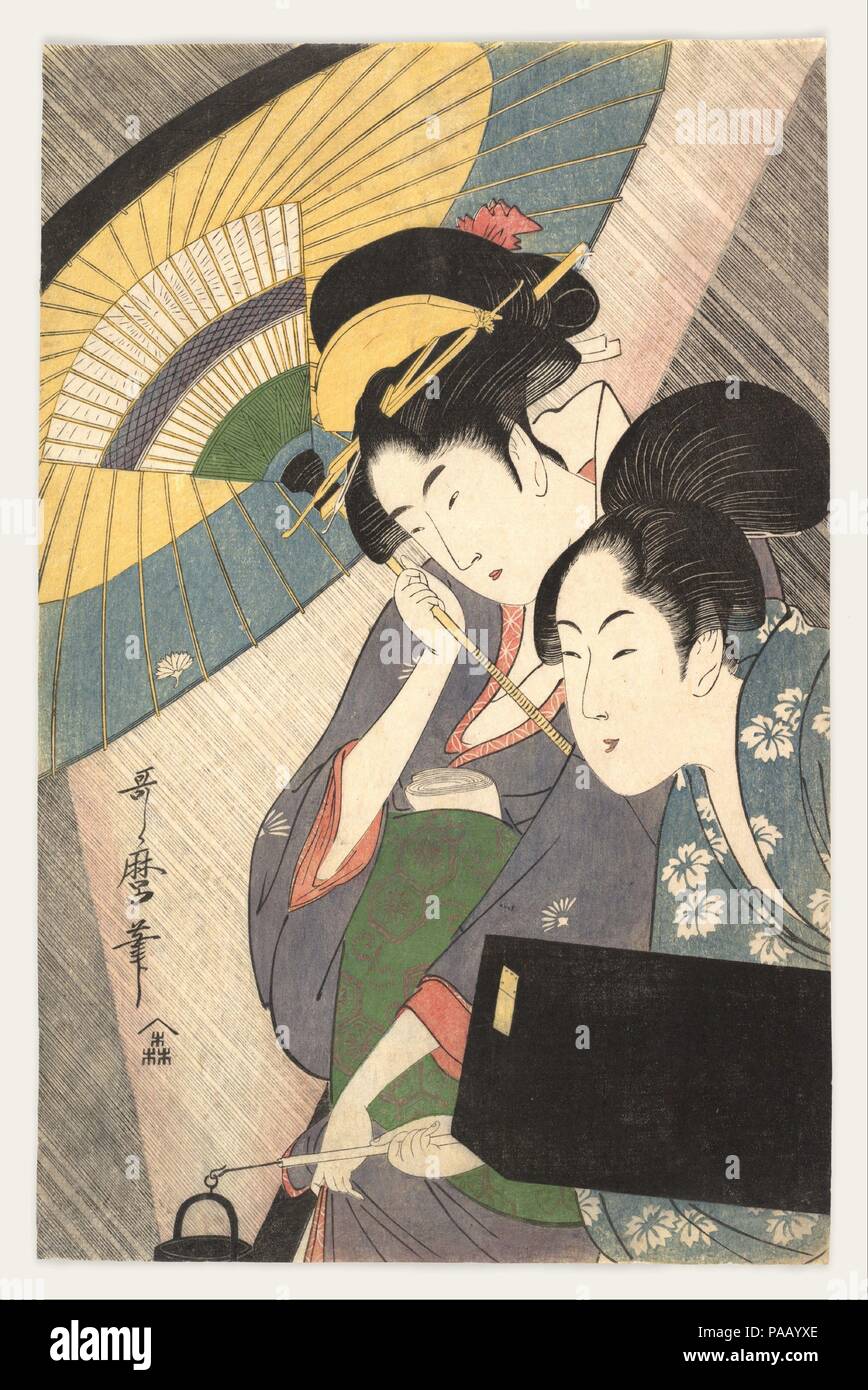 Zwei Frauen unter einem Schirm. Artist: Kitagawa Utamaro (Japanisch, Ca. 1754-1806). Kultur: Japan. Abmessungen: H.14 cm. (37,5 cm); W. 9 5/8 in. (24,4 cm). Datum: 1790s. Die große Form eines Umbrella akzentuiert die halbe Länge Zahlen einer Geisha und ihre Zofe, Durchführung einer shamisen Fall. Es ist Nacht, und Sie gehen in den Regen. Die schweren, unveränderlichen Regen ist in der feinen Tinte Linien über den Hintergrund der Finsternis gemacht, durch eine winklige Schwade von weichen Licht der Laterne halbiert. Utamaro, ein reicher Ukiyo-e Künstler, wurde von Themen des täglichen Lebens fasziniert sowie von schönen Frauen. Museum: Stockfoto
